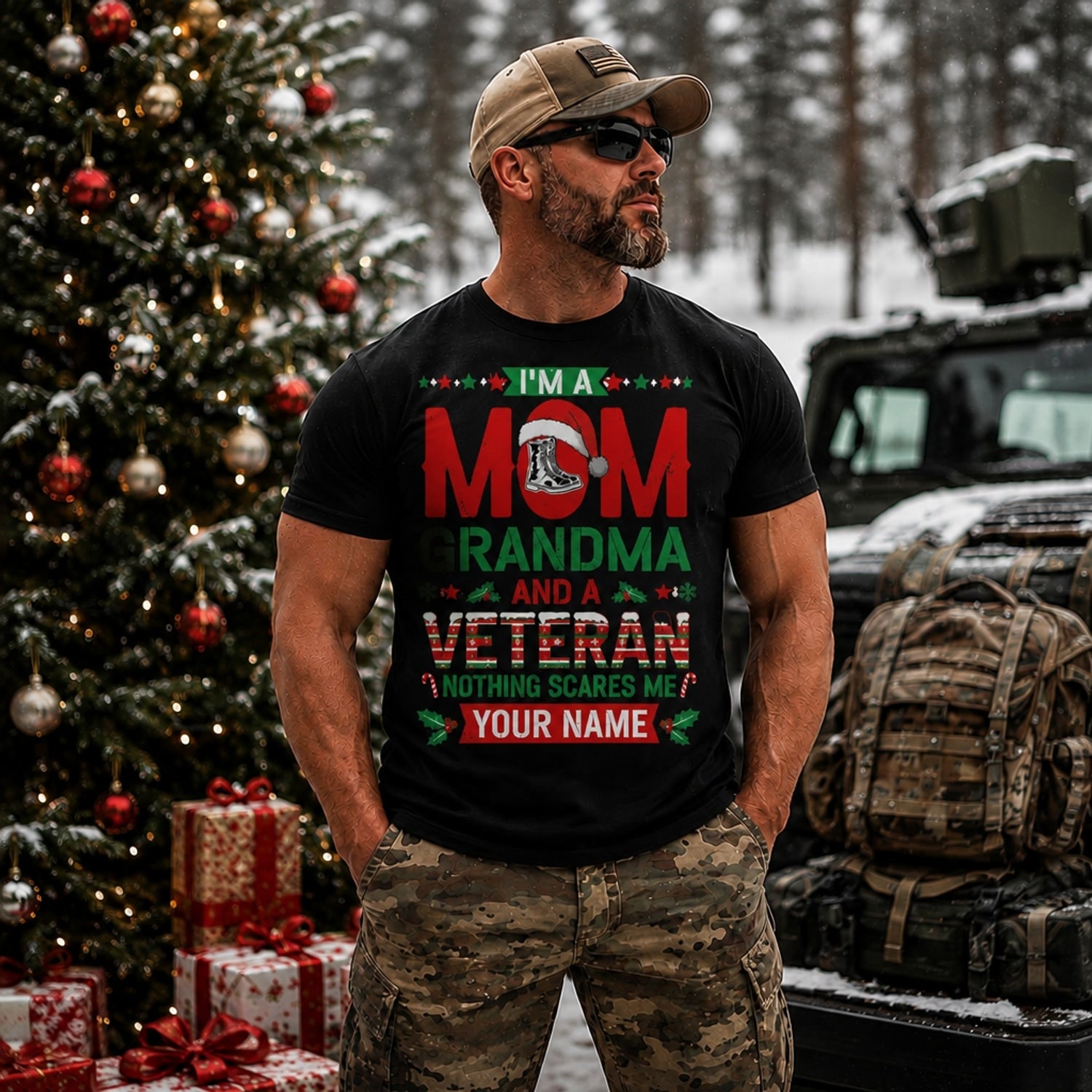 I'M A Mom Grandma And A Veteran Christmas T Shirt Personalized Name Family Military Holiday Outdoor Model
