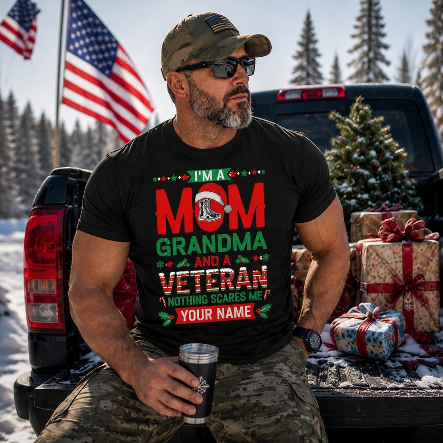 I'M A Mom Grandma And A Veteran Christmas T Shirt Personalized Name Family Military Holiday Truck Lifestyle