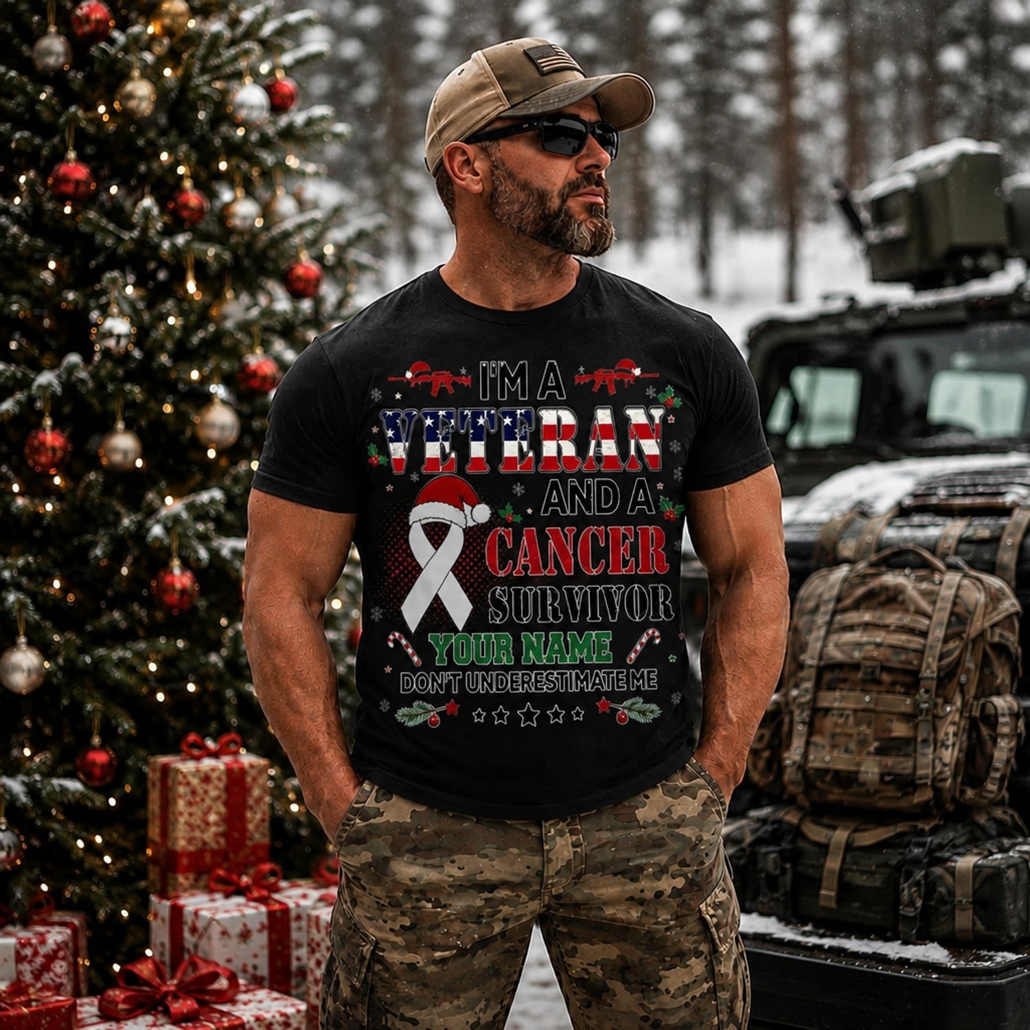 I'M A Veteran And A Cancer Survivor Christmas T Shirt Personalized Awareness Military Holiday Outdoor Model
