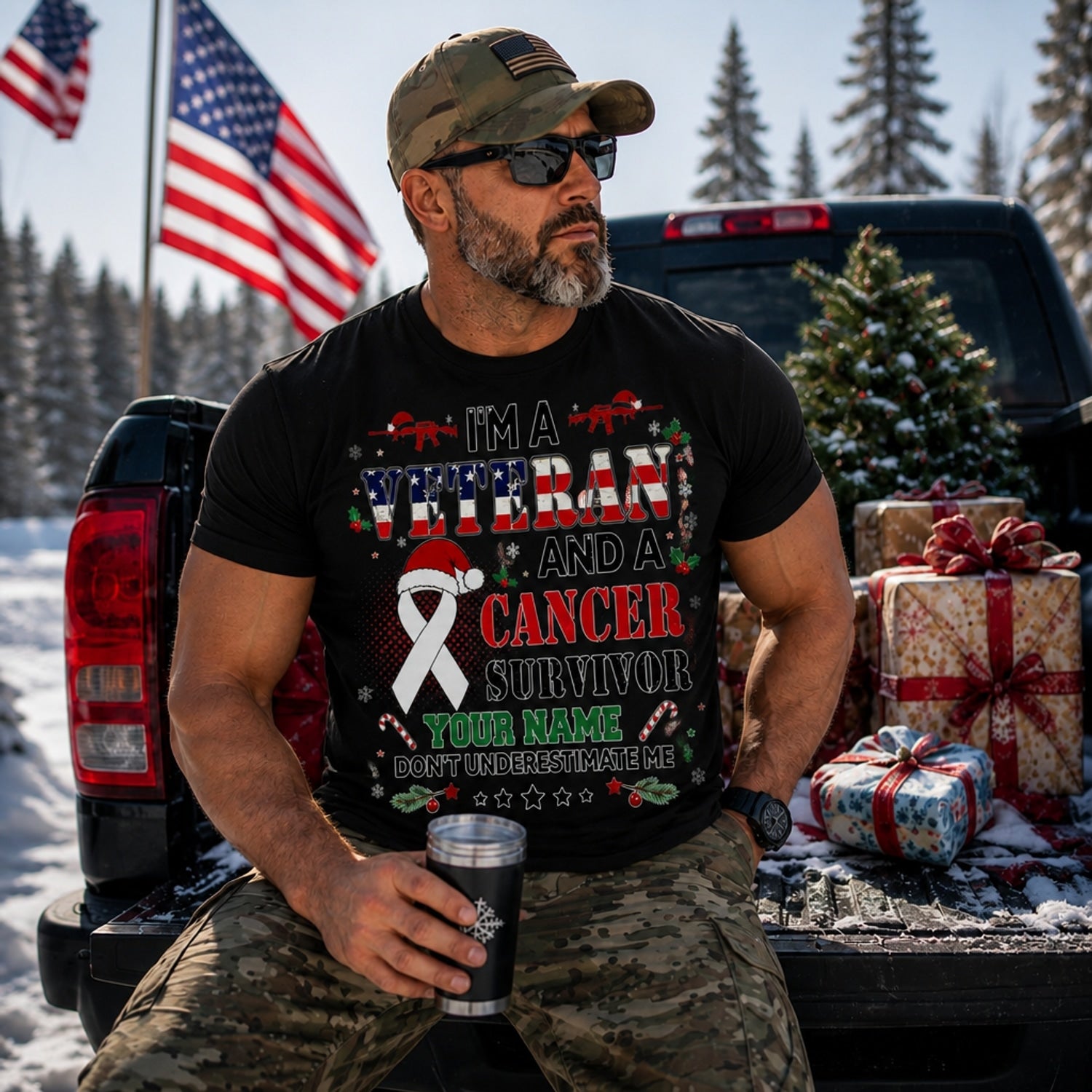 I'M A Veteran And A Cancer Survivor Christmas T Shirt Personalized Awareness Military Holiday Truck Lifestyle