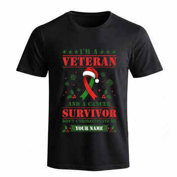 I'M A Veteran And A Cancer Survivor Christmas T Shirt Personalized Name Awareness Holiday Front View