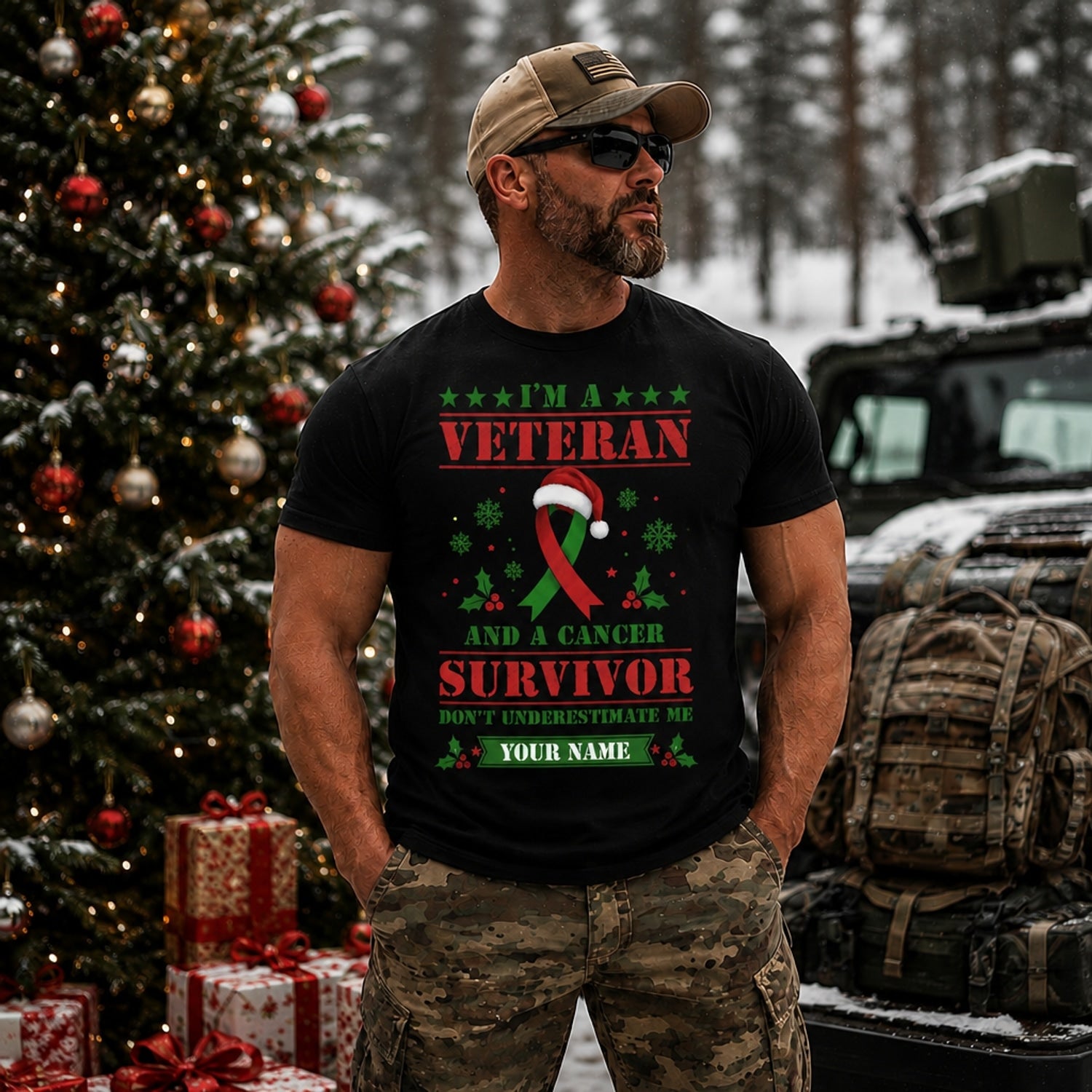 I'M A Veteran And A Cancer Survivor Christmas T Shirt Personalized Name Awareness Holiday Outdoor Model