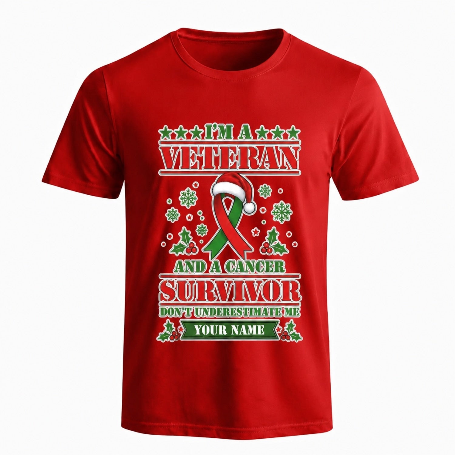 I'M A Veteran And A Cancer Survivor Christmas T Shirt Personalized Name Awareness Holiday Red Front View