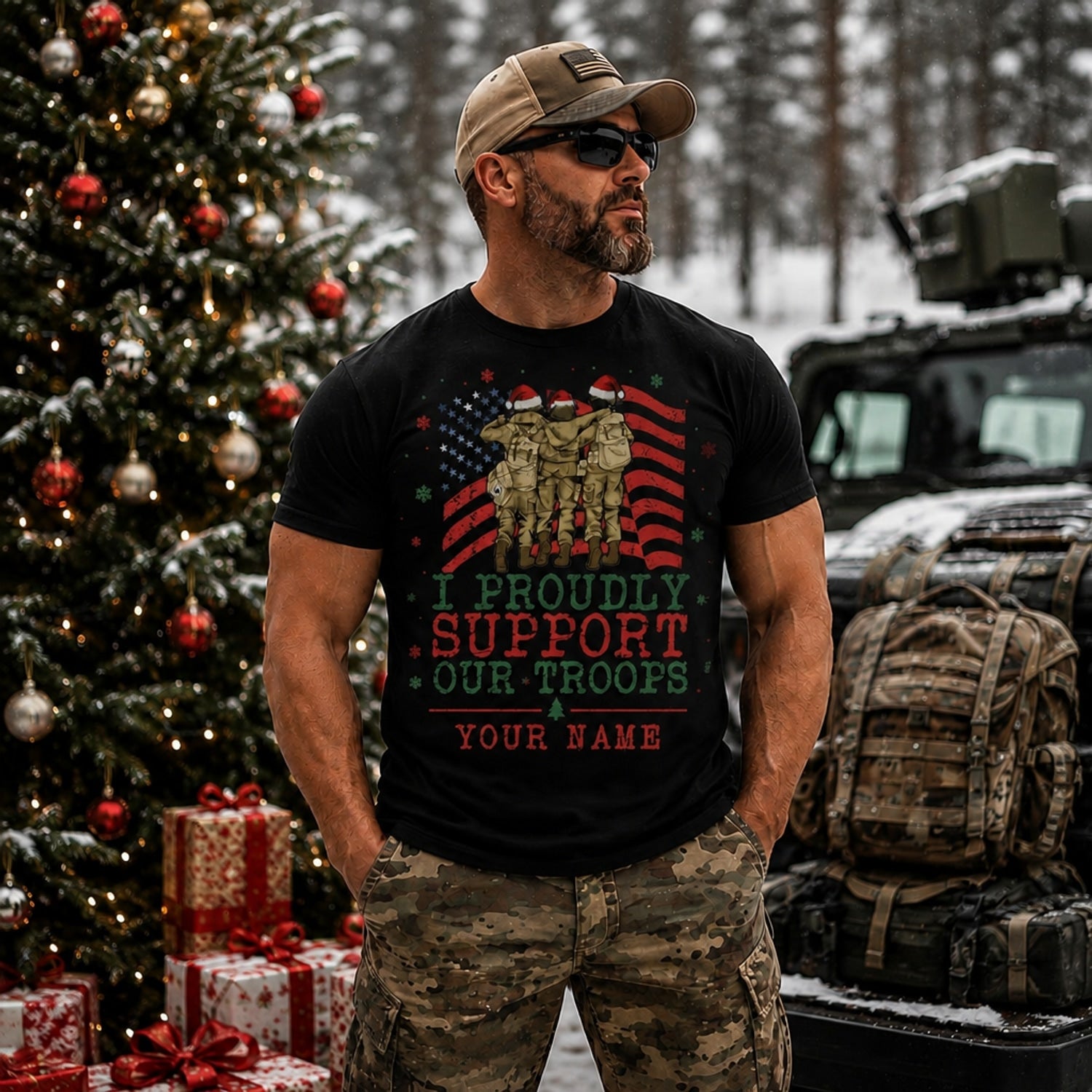 I Proudly Support Our Troops Christmas T Shirt Personalized Patriotic Military Support Holiday Outdoor Model