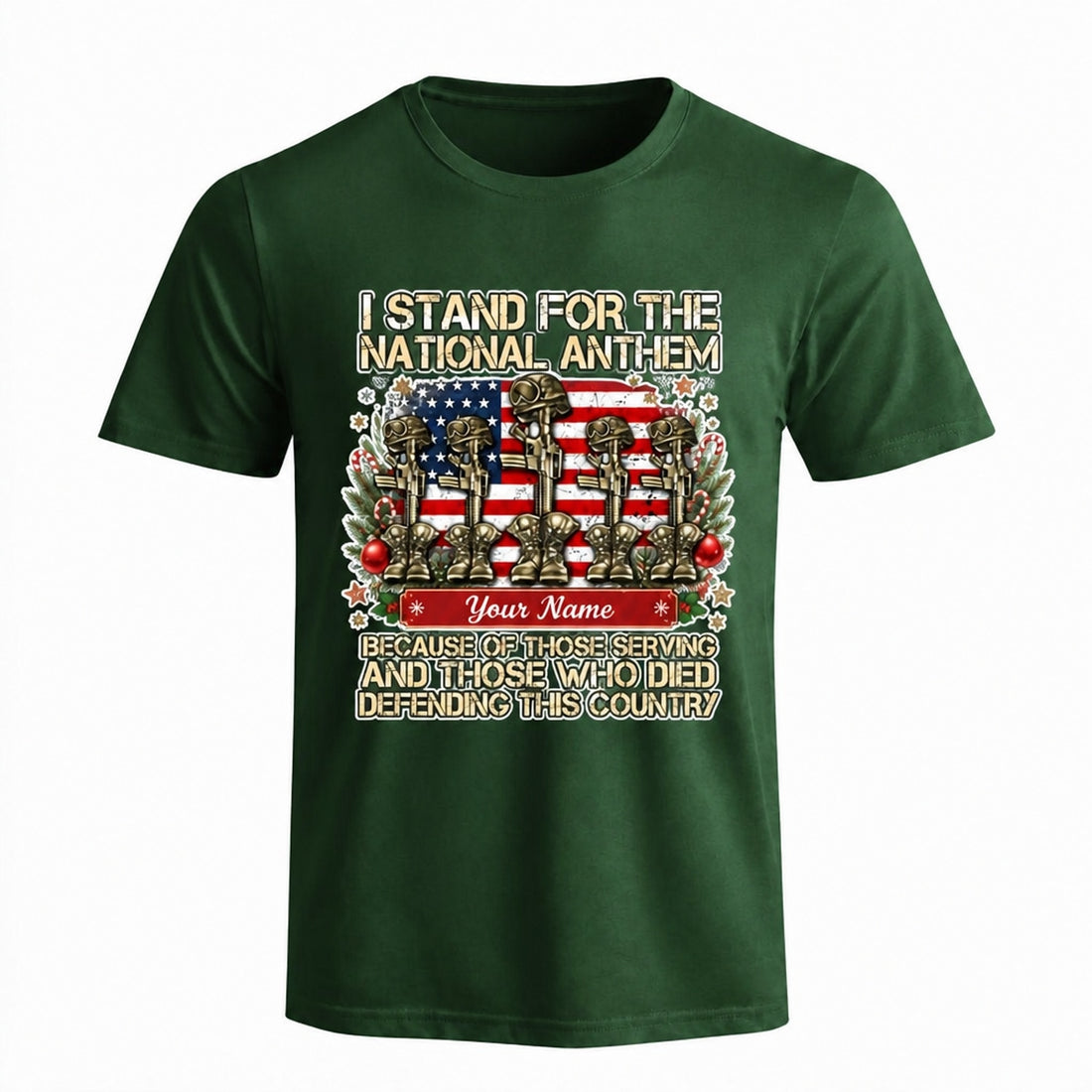 I Stand For The National Anthem Veteran Christmas T Shirt Personalized Patriotic Military Holiday Front View