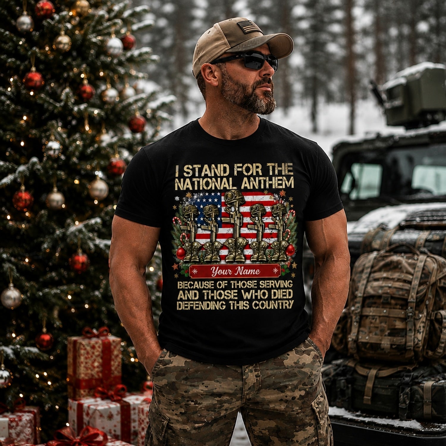 I Stand For The National Anthem Veteran Christmas T Shirt Personalized Patriotic Military Holiday Outdoor Model