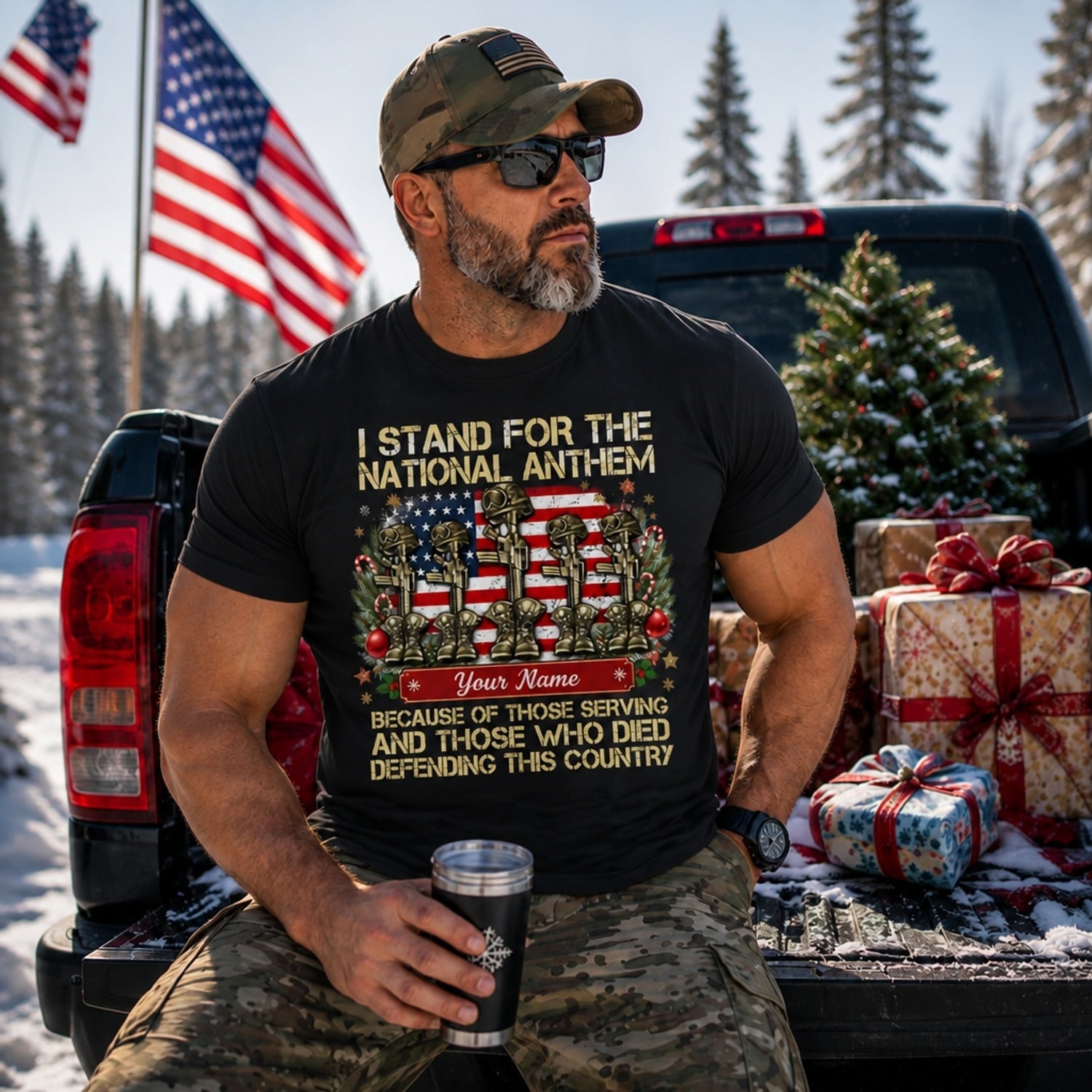 I Stand For The National Anthem Veteran Christmas T Shirt Personalized Patriotic Military Holiday Truck Lifestyle
