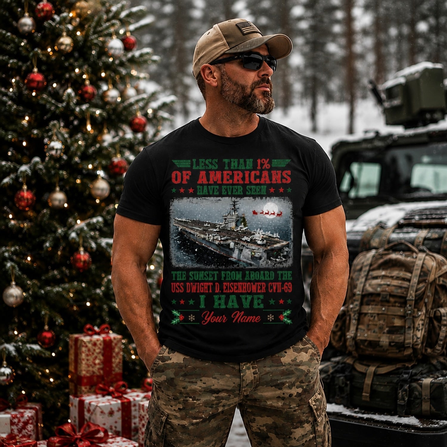 Less Than 1% Of Americans Have Served Aircraft Carrier Veteran Christmas T Shirt Personalized Less Than Front View OF Americans Have Served Aircraft Carrier Veteran Christmas T Shirt Personalized Outdoor Model