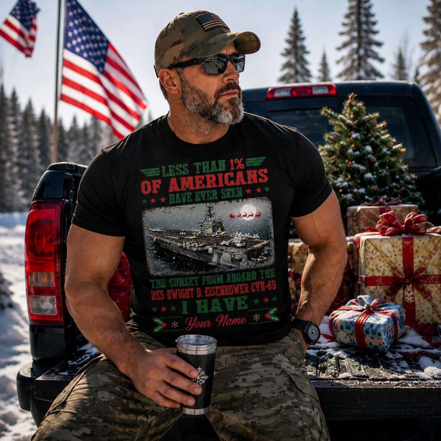 Less Than 1% Of Americans Have Served Aircraft Carrier Veteran Christmas T Shirt Personalized Less Than Front View OF Americans Have Served Aircraft Carrier Veteran Christmas T Shirt Personalized Truck Lifestyle