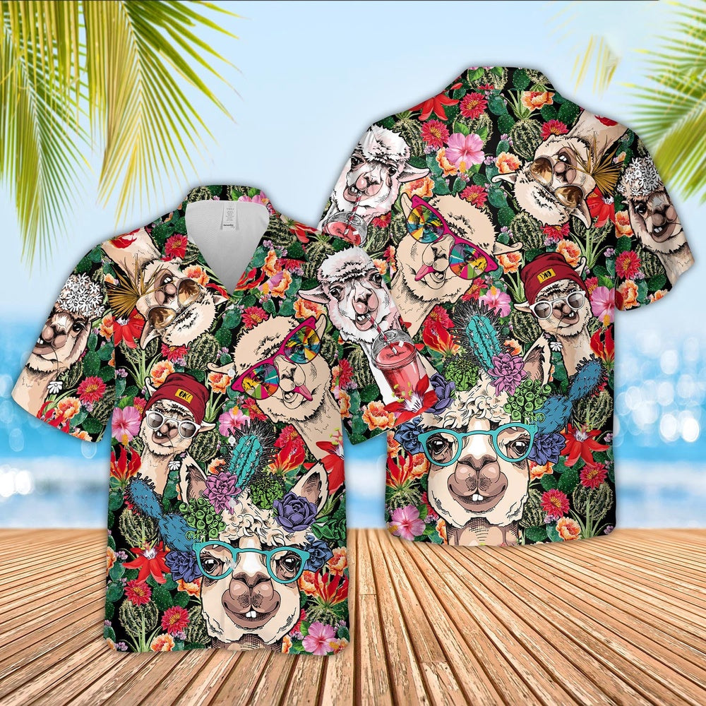 llamas And Flower Drawing Hawaiian Shirt, Farm Hawaiian Shirt, Farmer Hawaii