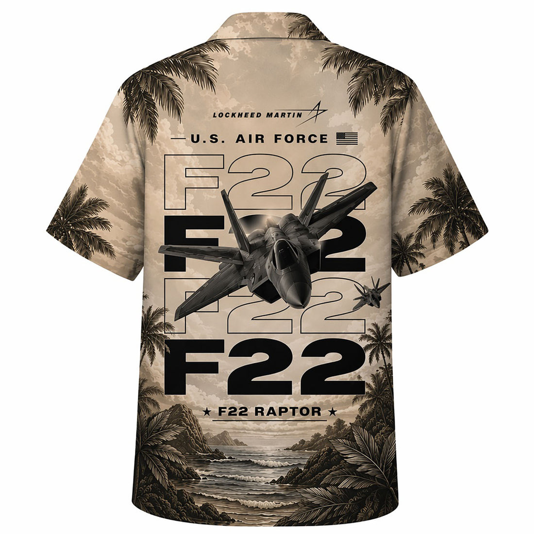 Front flat-lay view of the Vintage Sepia F-22 Raptor Hawaiian Shirt featuring a custom name slot, USAF insignia, and stealth jet takeoff illustration over a tropical bay