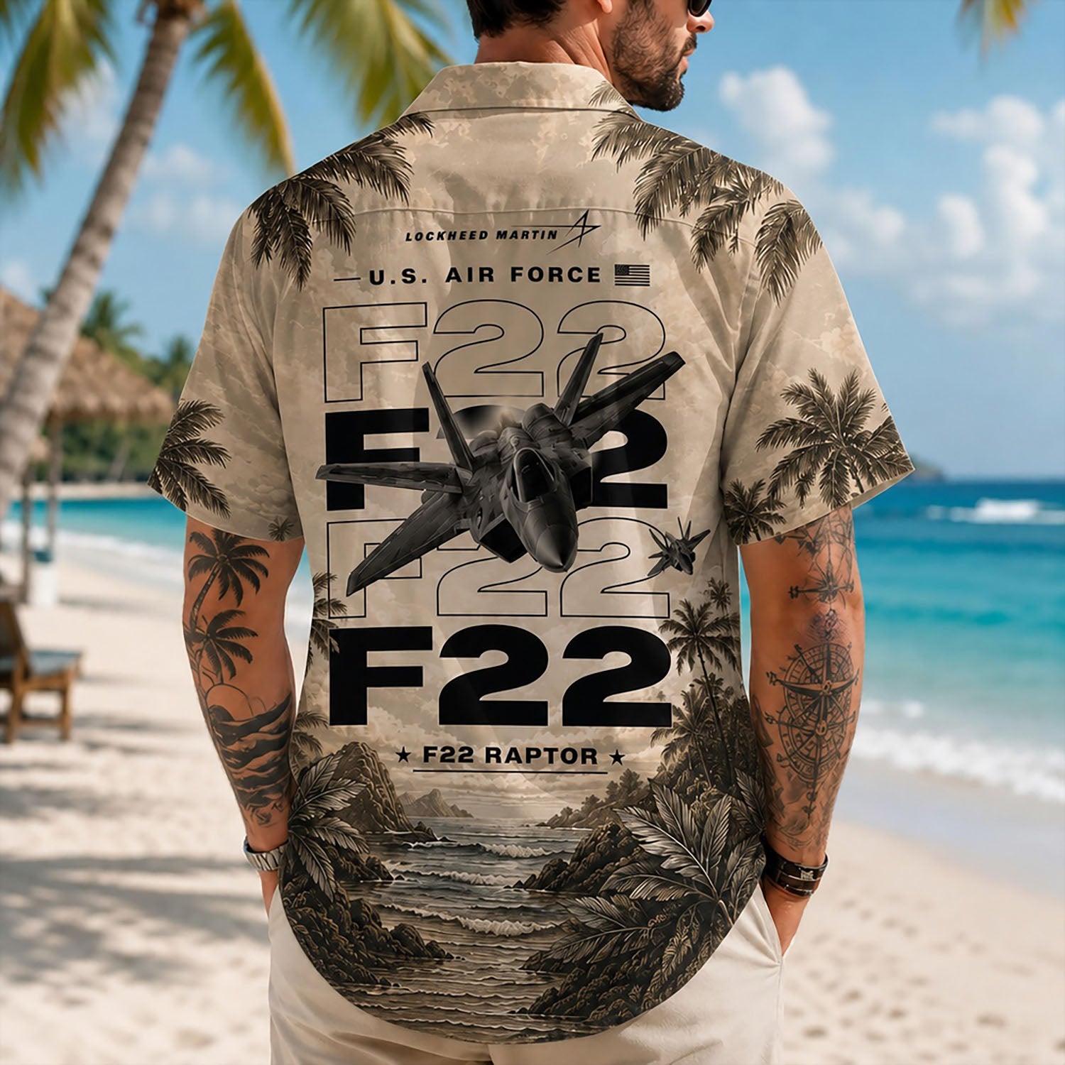 Back view lifestyle of a male model showcasing the technical blueprint-style layout, desert sand gradients, and coastal palm silhouettes