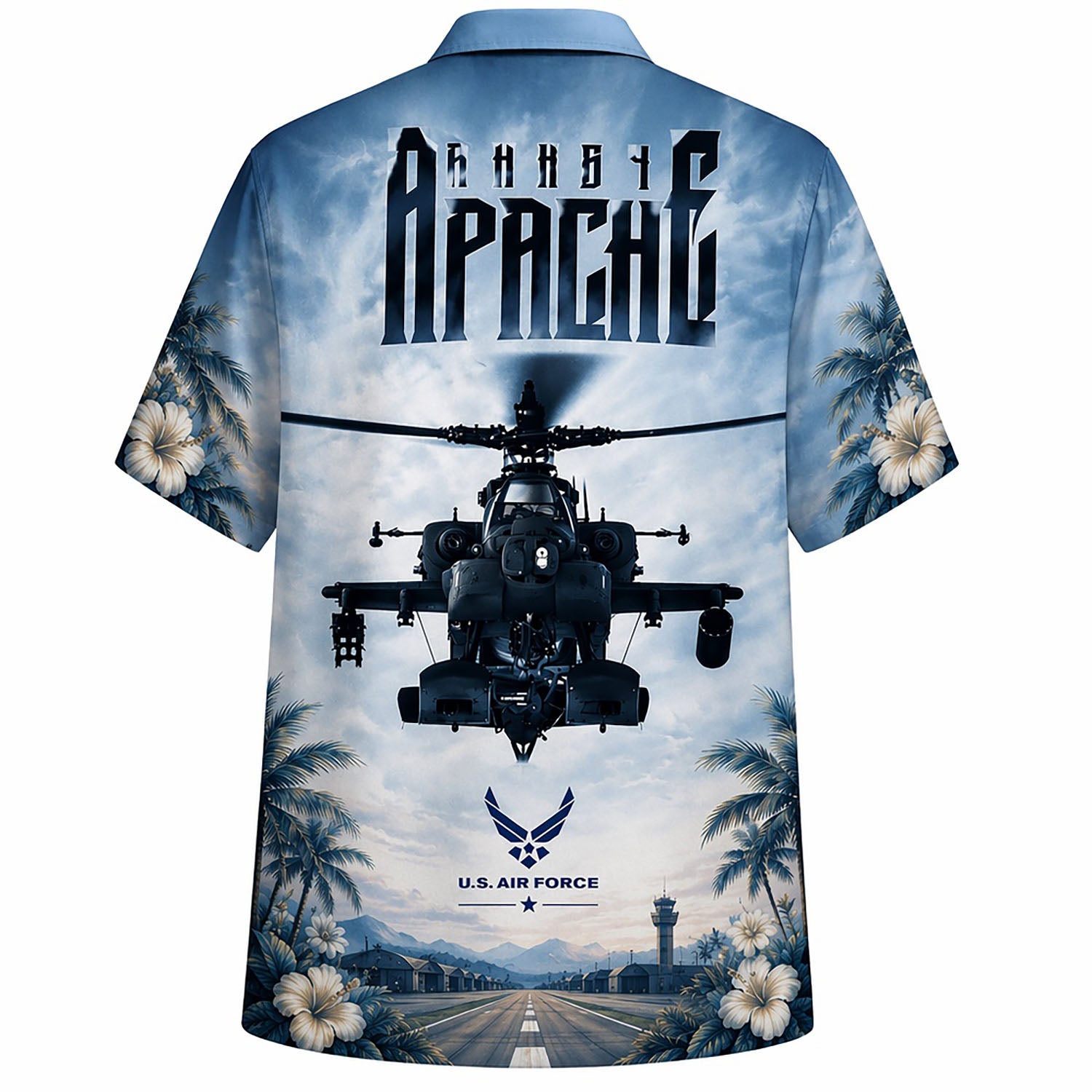 Back flat-lay view of the shirt showcasing the direct front view of the Apache attack helicopter under heavy stylized "APACHE" font and tropical palms
