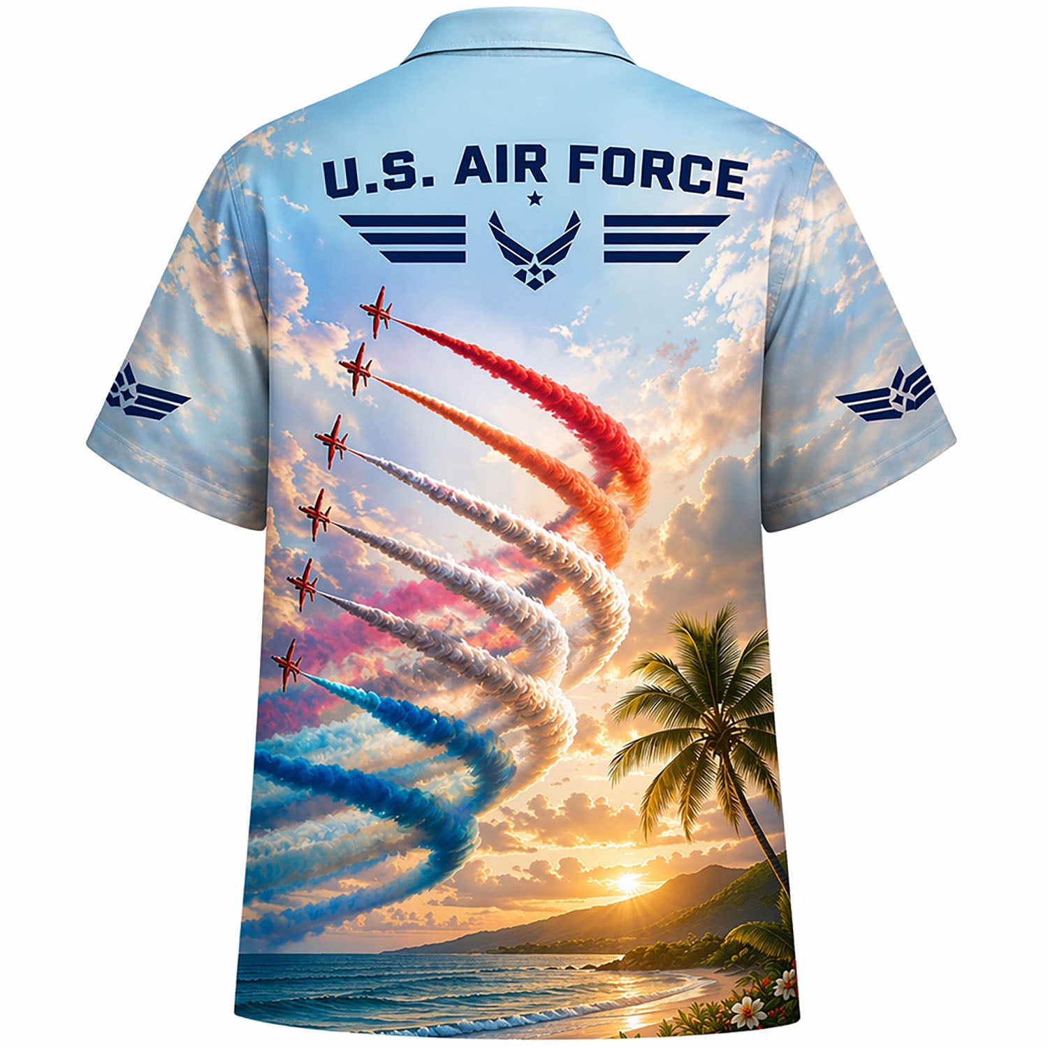 Back flat-lay view of the shirt showcasing a spectacular aerial display team climbing with red, white, and blue smoke spirals under bold "U.S. AIR FORCE" typography