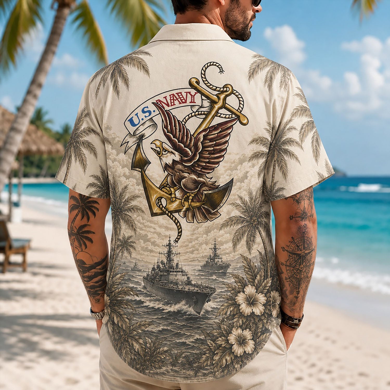 Back view lifestyle of a man showing the striking traditional military eagle anchor emblem and ocean fleet illustrations
