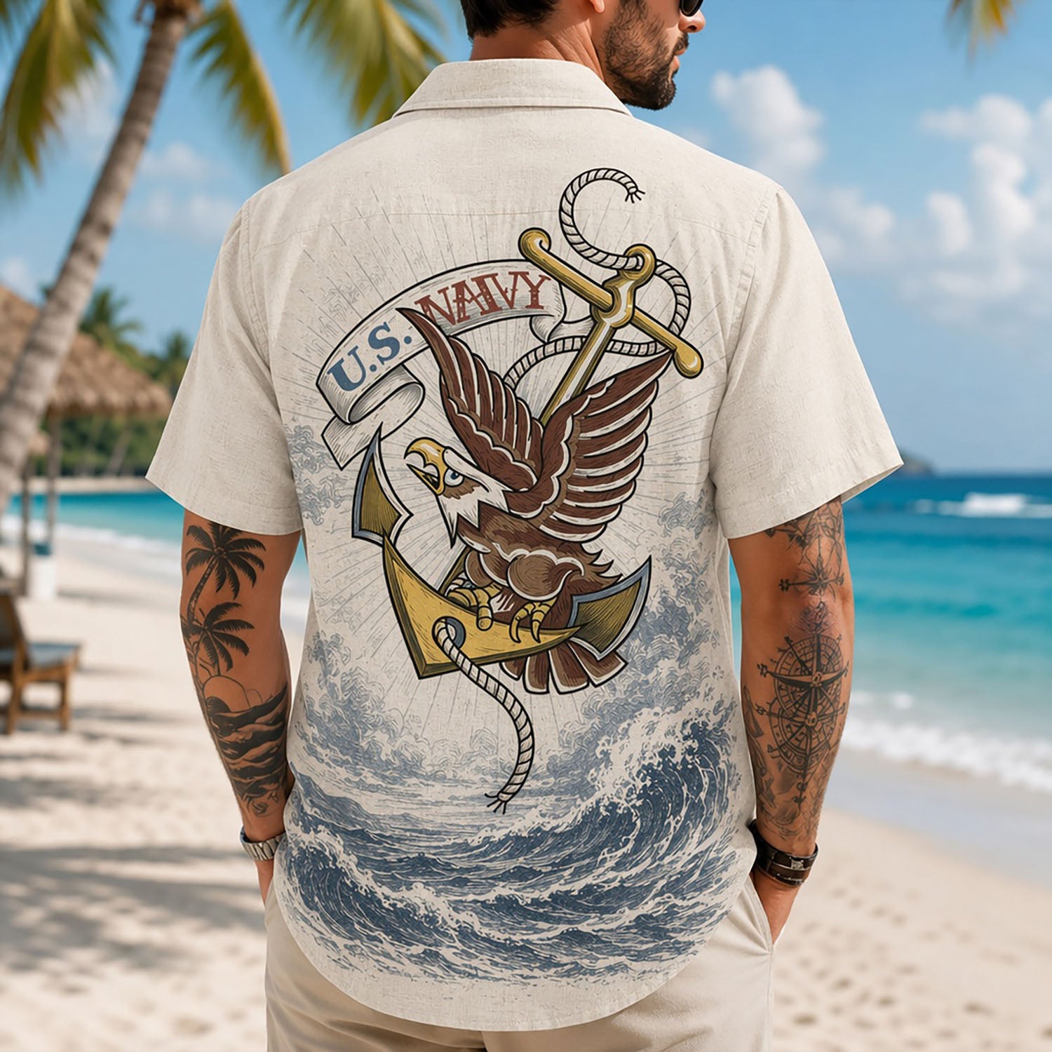 Back view lifestyle of a man showing the striking traditional military eagle anchor emblem with crashing blue ocean waves