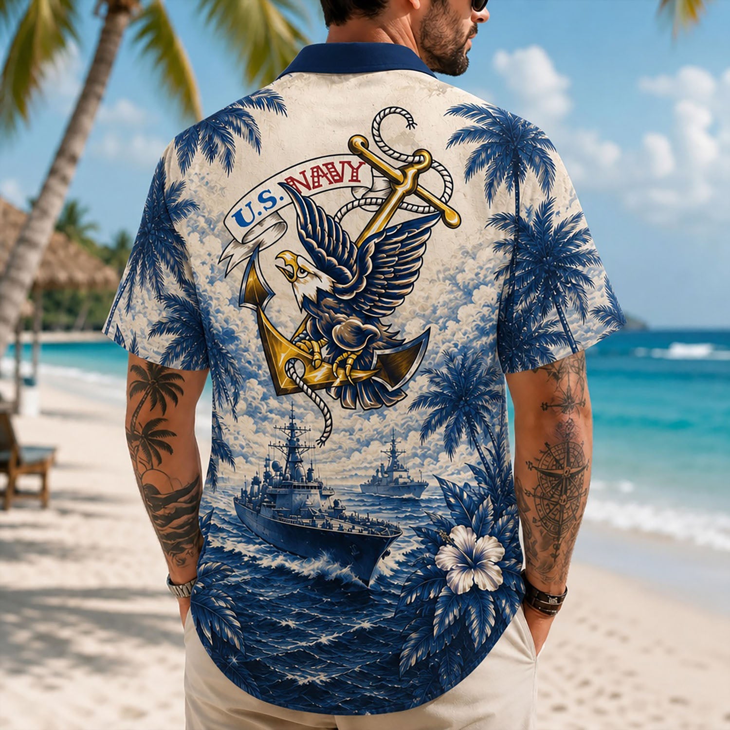 Back view lifestyle of a man showing the striking traditional military eagle anchor emblem paired with dark blue camp collar trimming