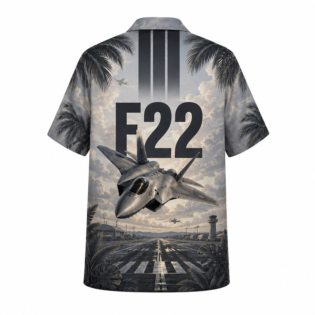 Front flat-lay view of the Stealth Grey F-22 Raptor Hawaiian shirt featuring custom name plate, USAF crest, bold vertical "F22" text, and wet airbase runway