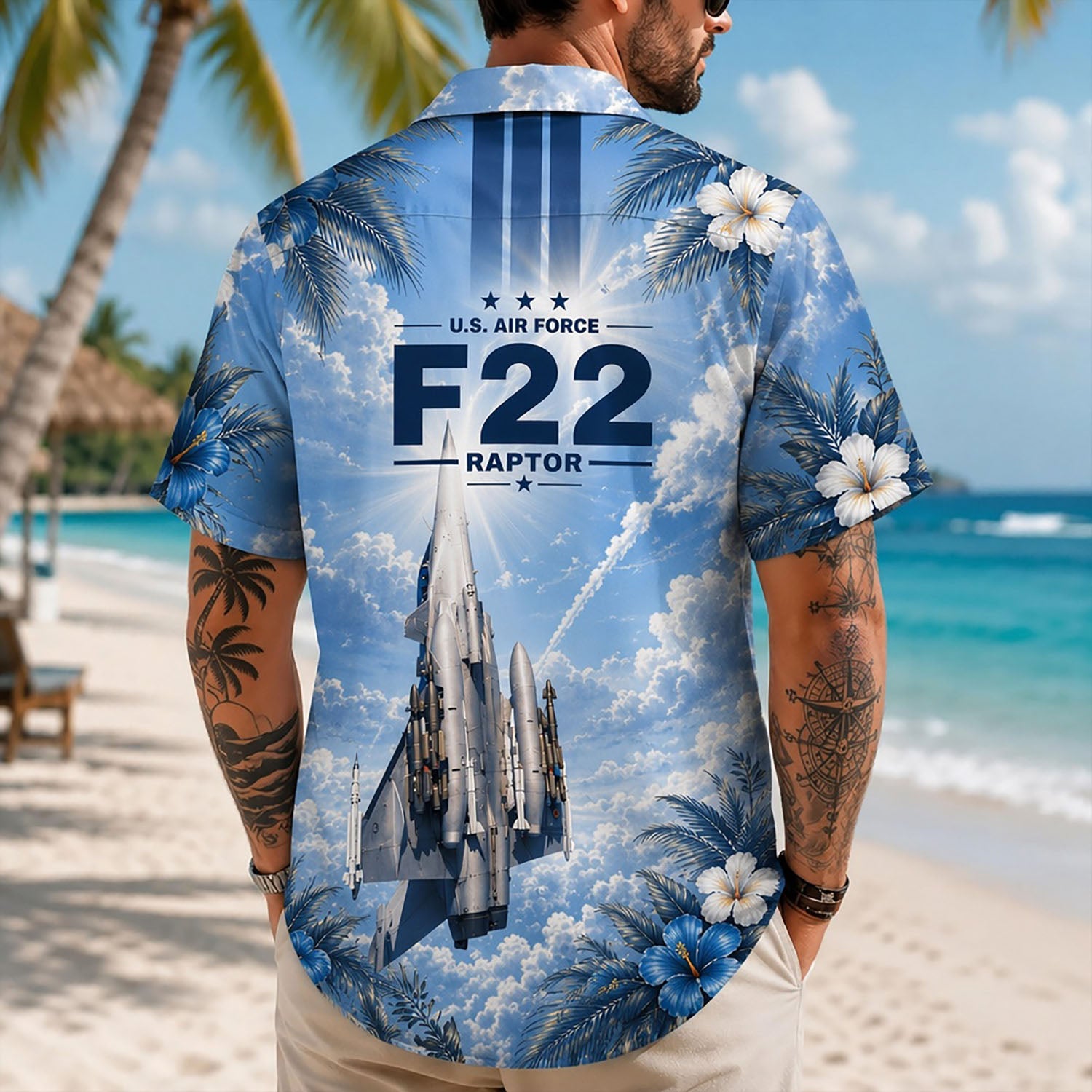 Back view lifestyle of a man showcasing the military-grade typography, vertical tactical stripes, and high-contrast sun flare cloud borders