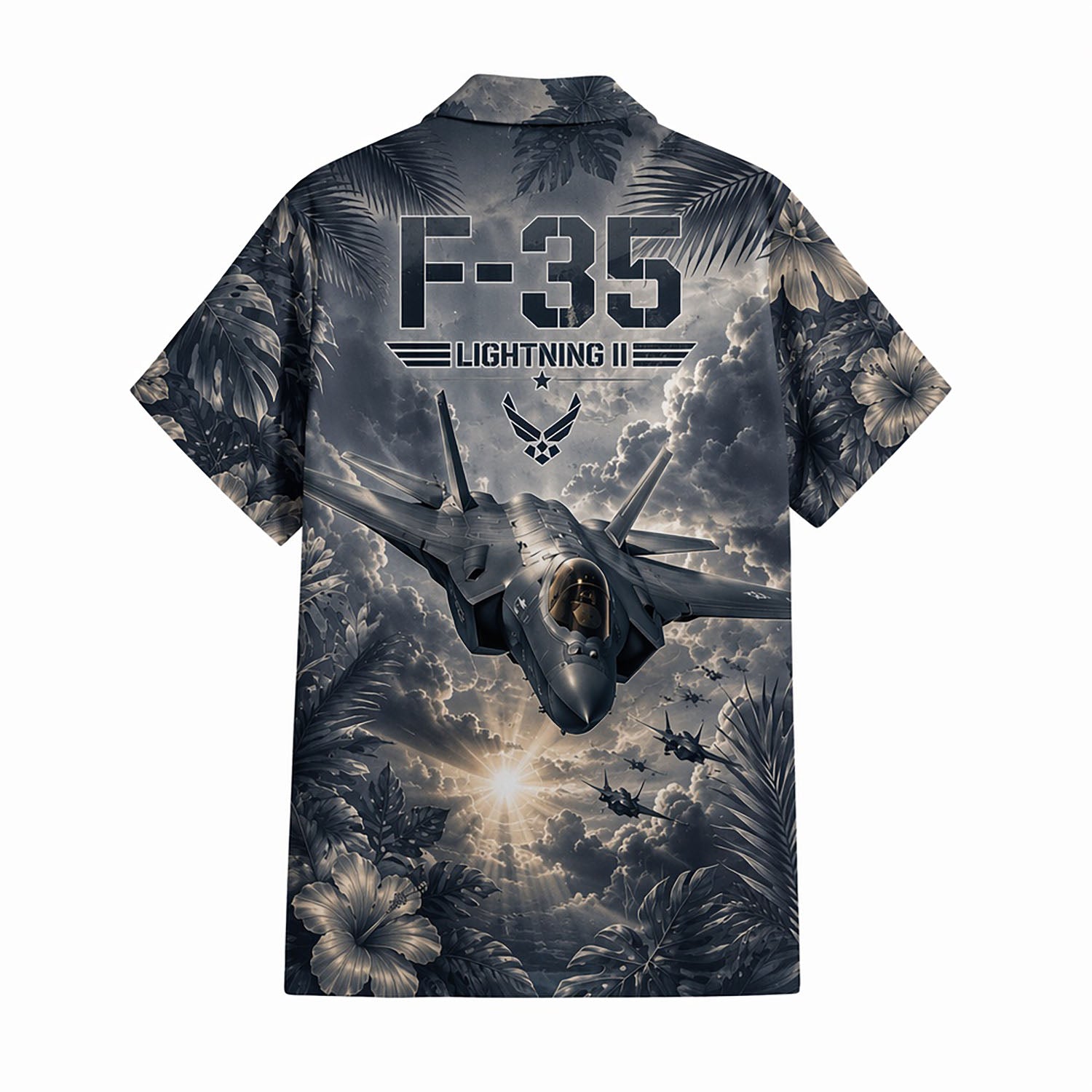 Back flat-lay view of the shirt showcasing a head-on view of the F-35 stealth jet bursting through storm clouds and god rays with large "F-35 LIGHTNING II" header