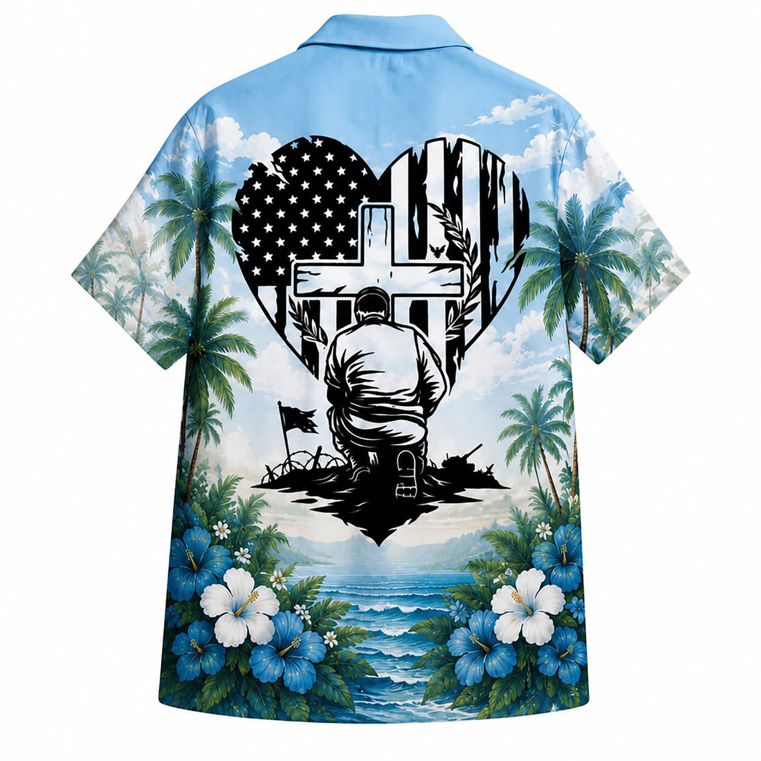 Front flat-lay view of the Personalized Kneeling Soldier Cross Hawaiian Shirt with custom name, patriotic flag heart, and blue ocean waves