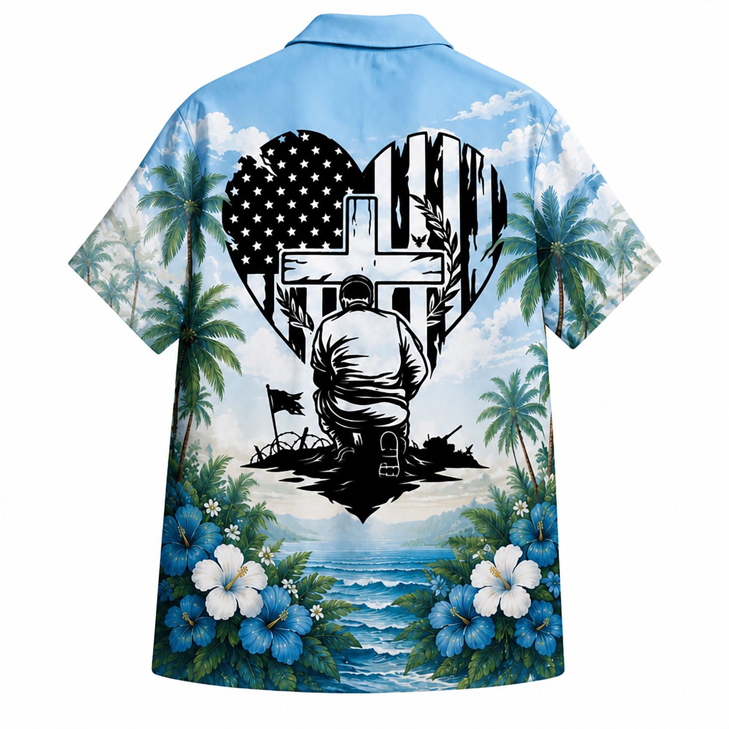 Back view mockup of the patriotic veteran shirt featuring a large black stencil graphic of a soldier kneeling at a cross inside a US flag heart