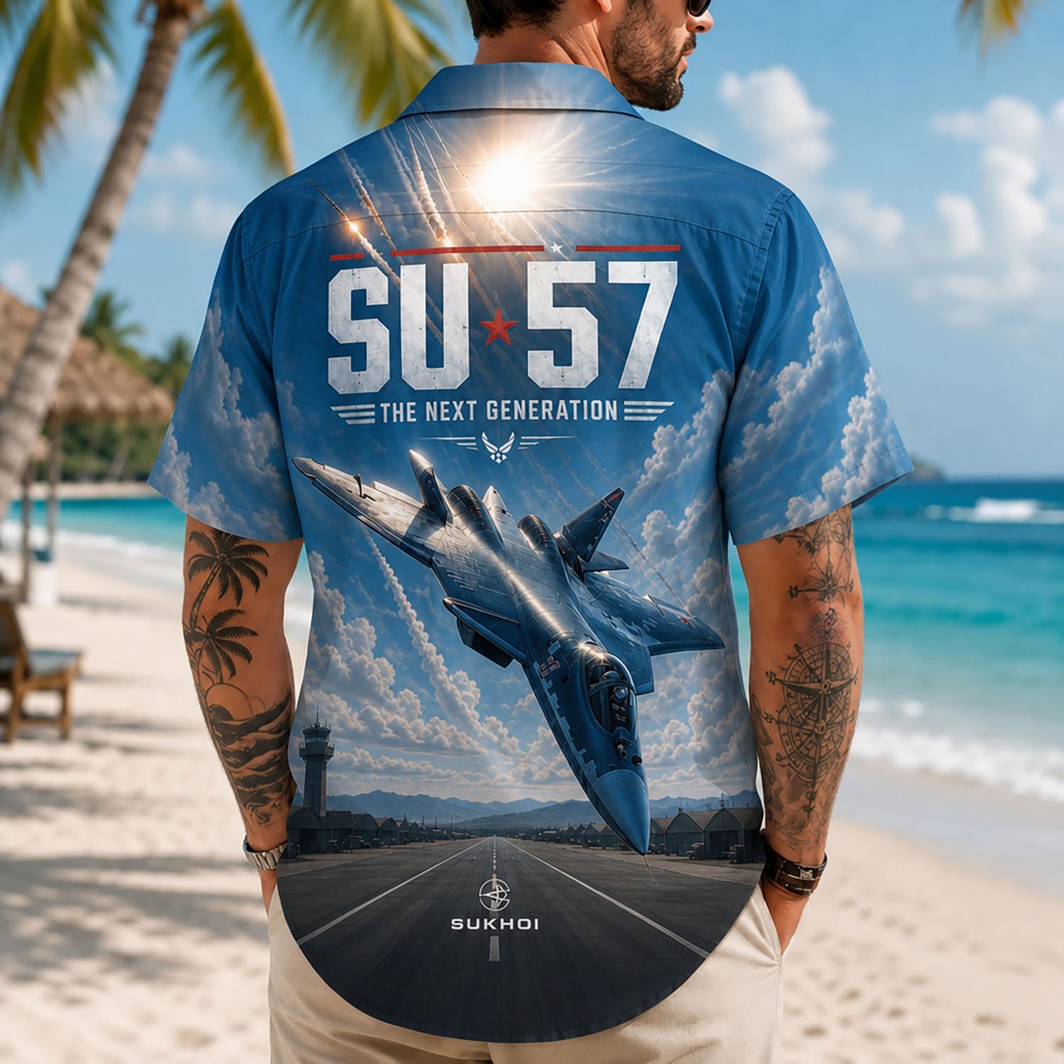 Back view lifestyle of a man showcasing the military-grade typography, diving stealth aircraft panel lines, and high-contrast sun flare cloud borders