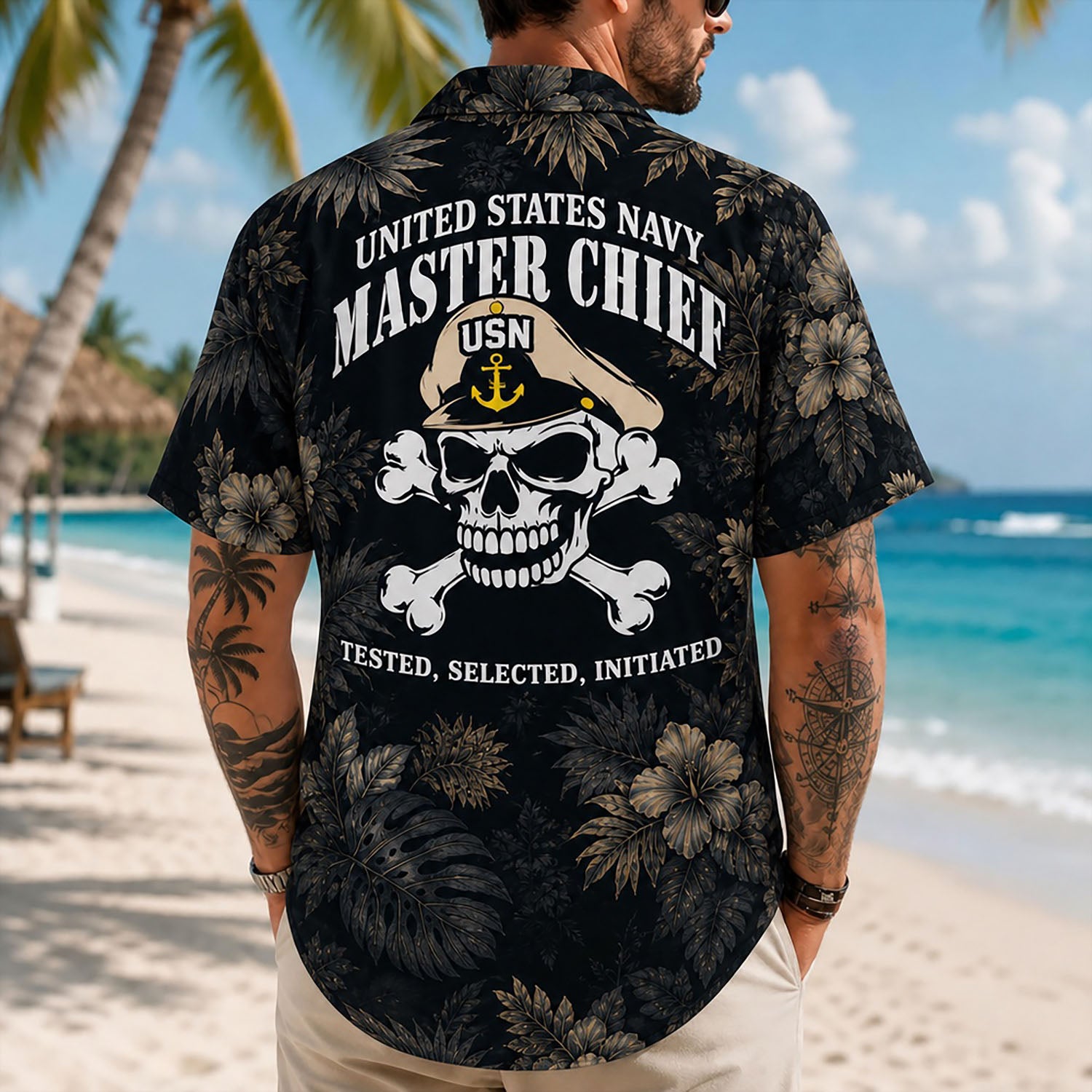Back view lifestyle of a man showing the striking USN skull graphics and "Tested, Selected, Initiated" military statement