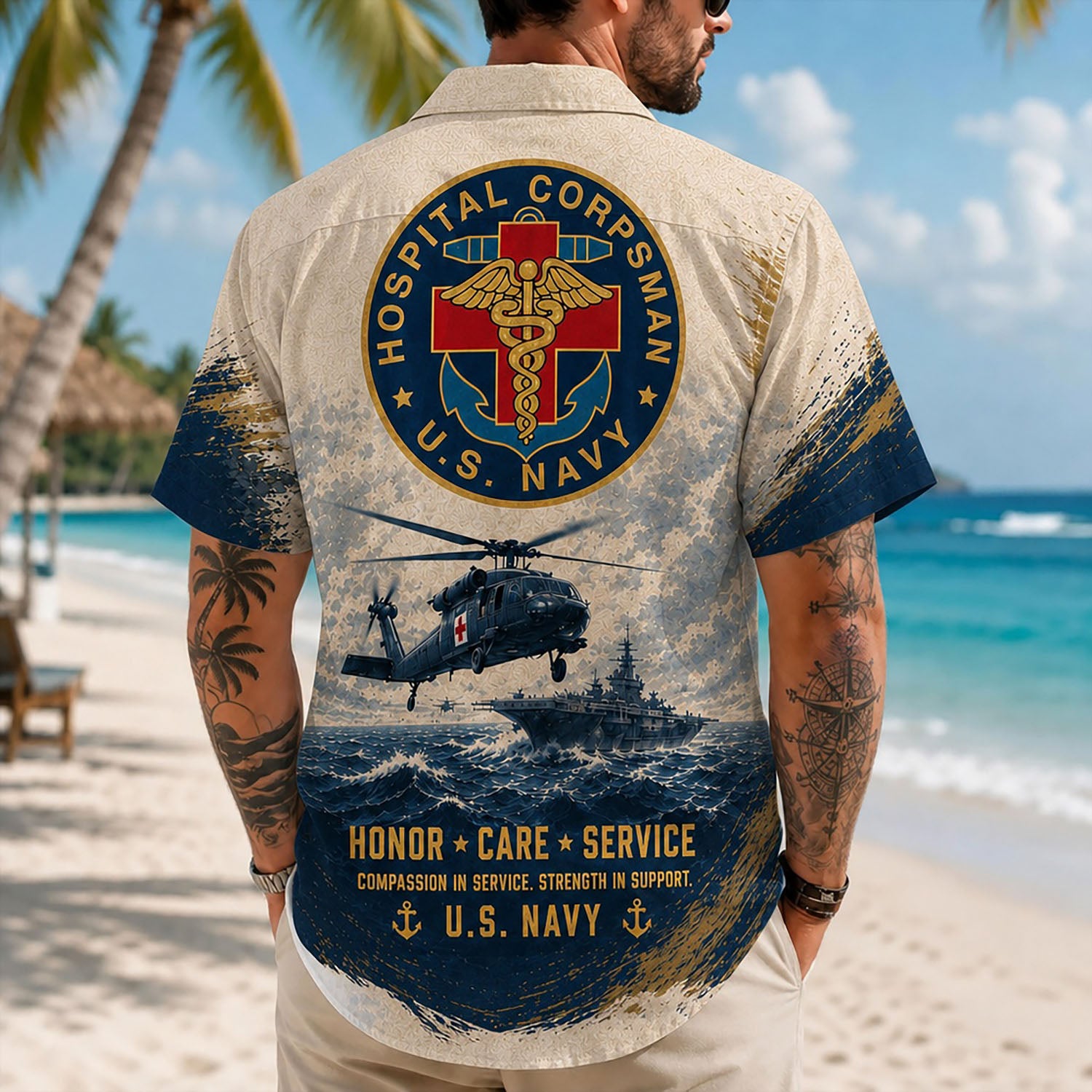 Back view lifestyle of a man showing the official US Navy Corpsman emblem print and patriotic military healthcare quotes