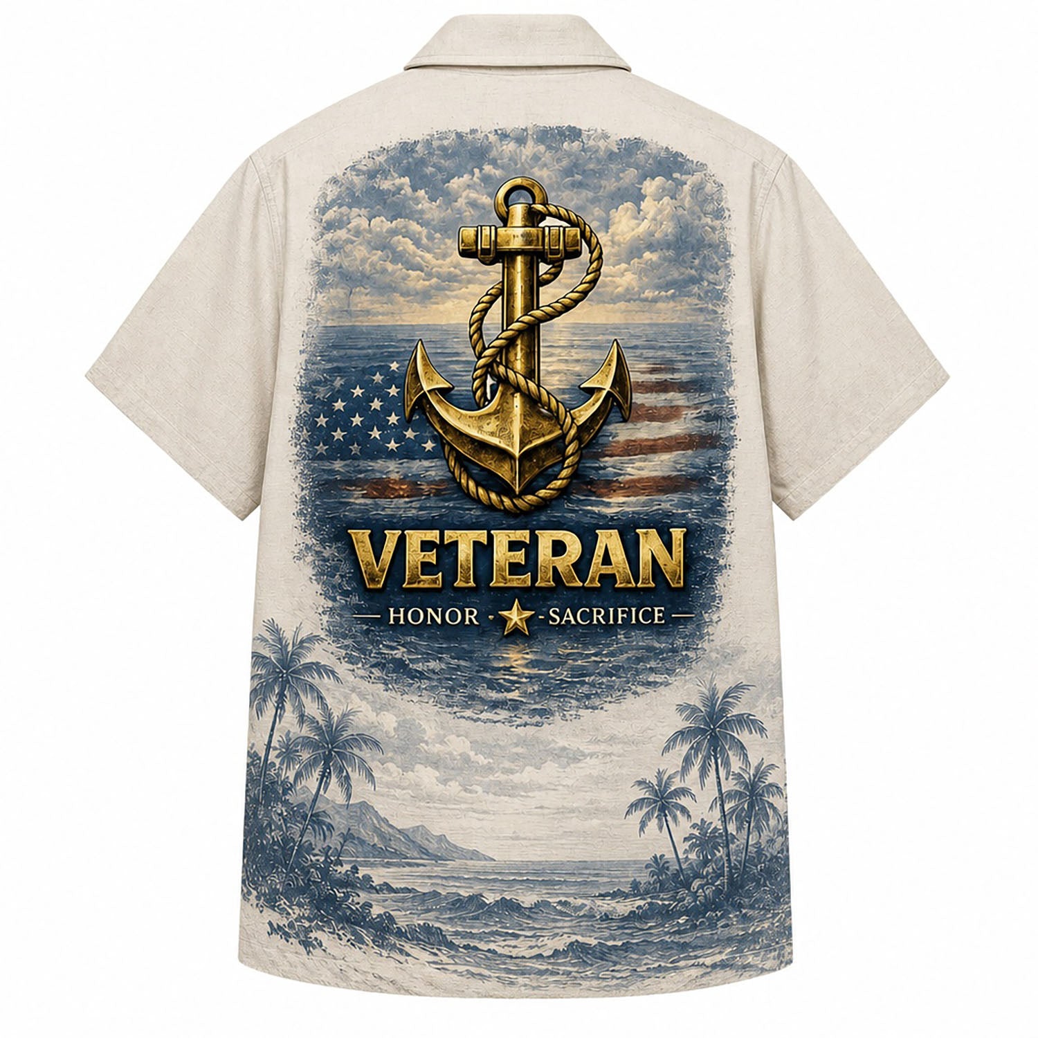 Back view mockup of the beige military pride shirt featuring a large gold navy anchor emblem over a circular American flag backdrop