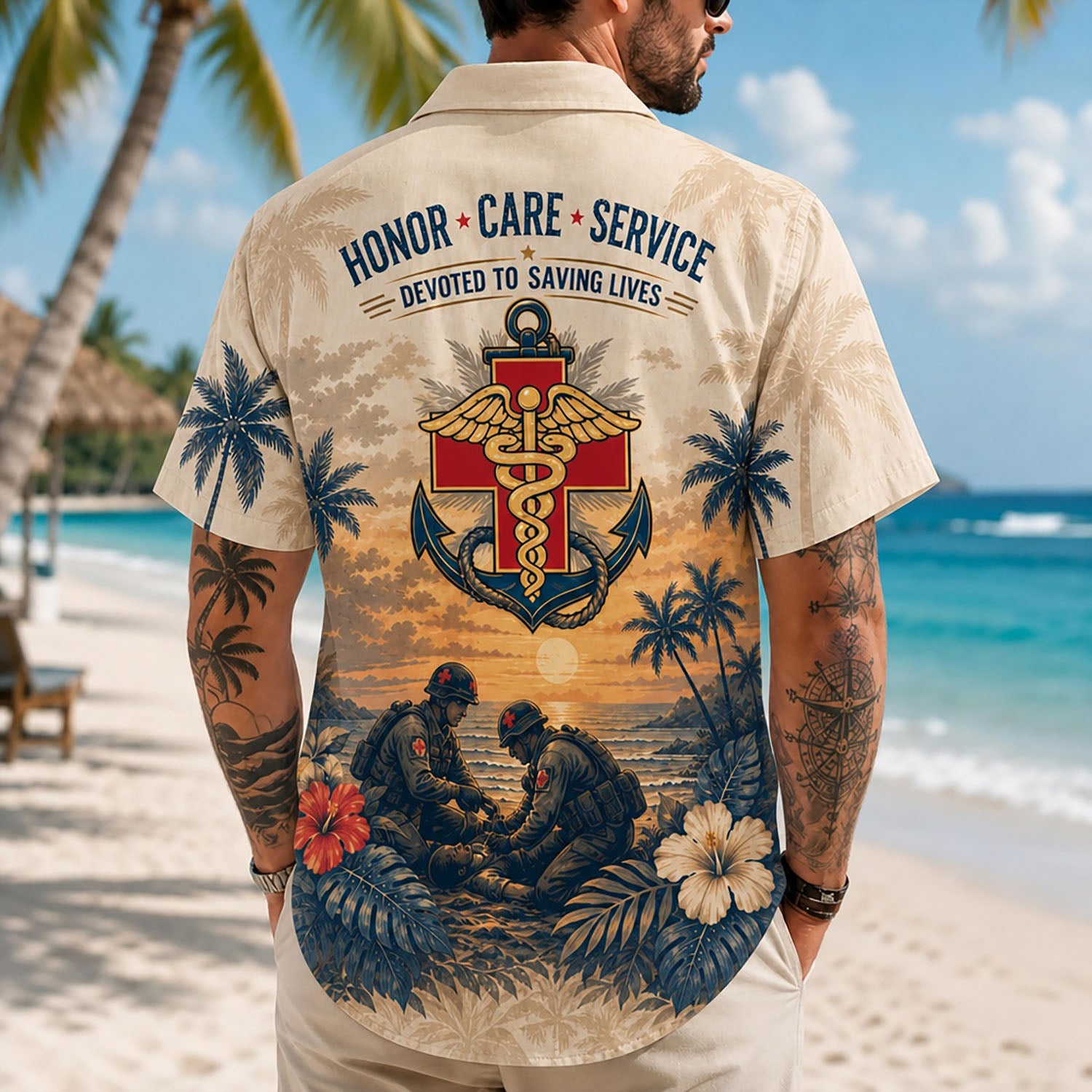 Back view lifestyle of a man showing the dramatic sunset battle-aid scene and patriotic military healthcare quotes by the seashore