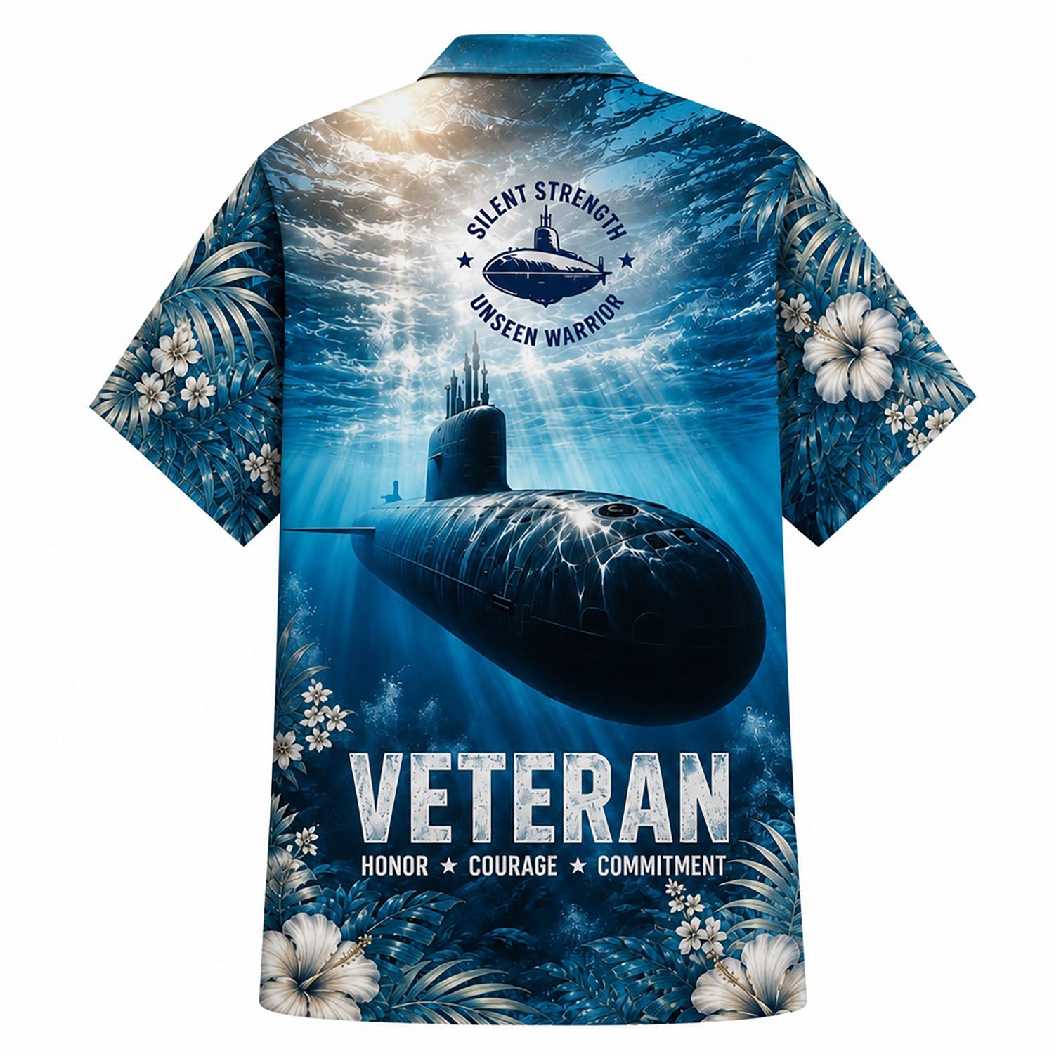Back view mockup of the military submarine shirt featuring "SILENT STRENGTH UNSEEN WARRIOR" logo and "VETERAN" print