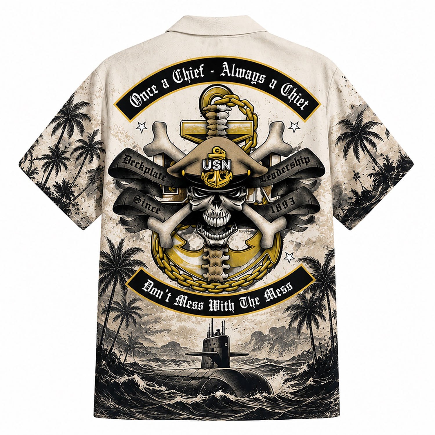 Back view mockup of the USN military shirt featuring the large Navy Chief emblem and "Once a Chief - Always a Chief" slogan banners