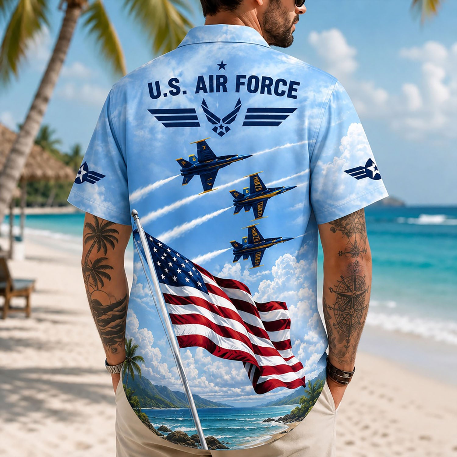 Back view lifestyle of a male model showcasing the vibrant American flag backdrop, tropical palm tree elements, and fighter jet smoke trails