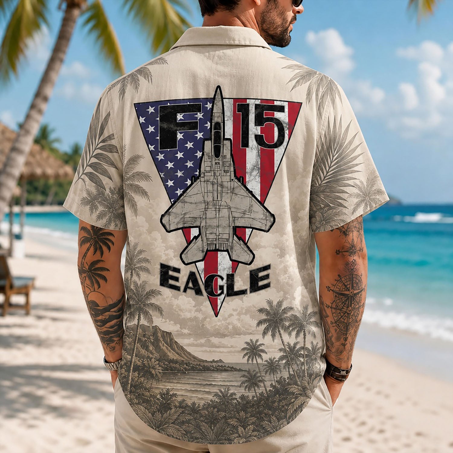 Back view lifestyle of a man showing the colorful flag chevron aviation artwork contrasted against a sepia island landscape