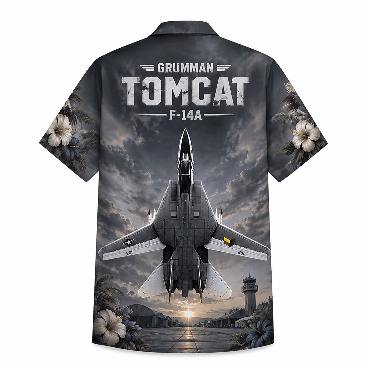 Back flat-lay view of the shirt featuring the iconic F-14A Tomcat interceptor over a coastal air force base with bold "GRUMMAN TOMCAT F-14A" distressed typography