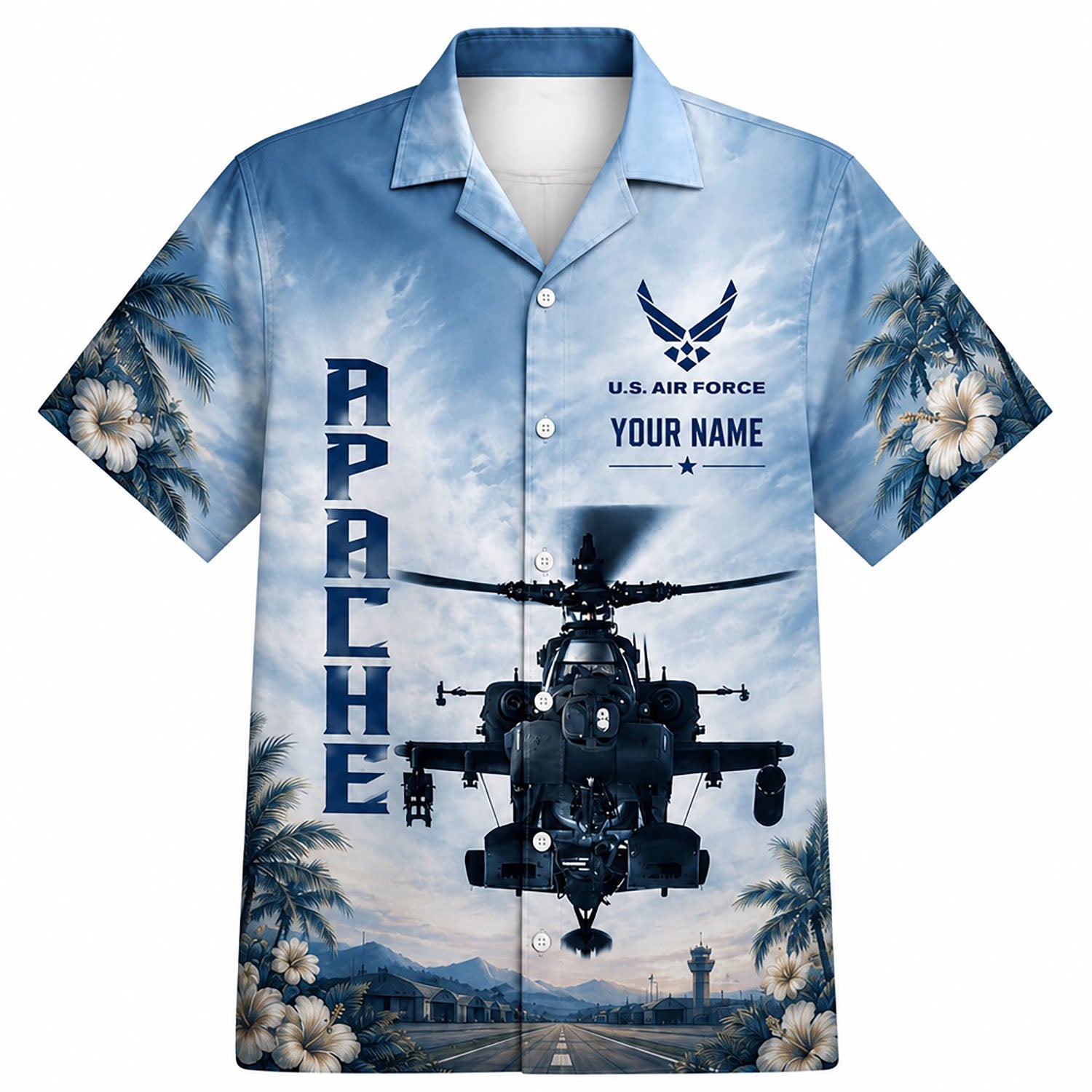 Front flat-lay view of the Misty Sky Blue AH-64 Apache Hawaiian shirt featuring custom name typography, USAF insignia, vertical "APACHE" text, and airbase runway