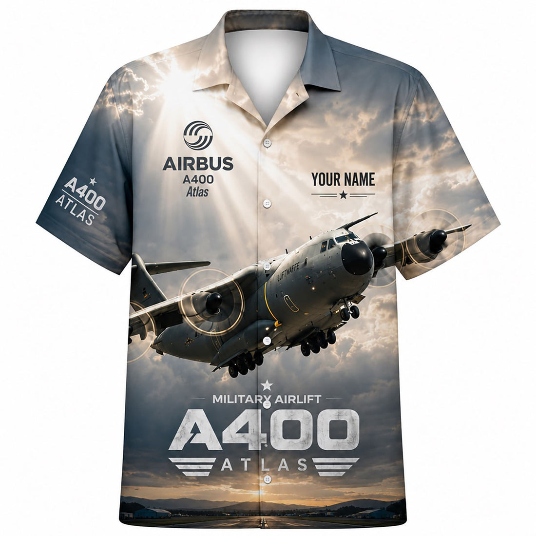 Front flat-lay view of the Personalized Airbus A400M Atlas Hawaiian Shirt with dramatic sunrays backdrop and custom name block