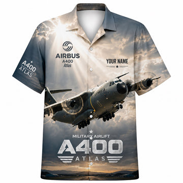 Front flat-lay view of the Personalized Airbus A400M Atlas Hawaiian Shirt with dramatic sunrays backdrop and custom name block