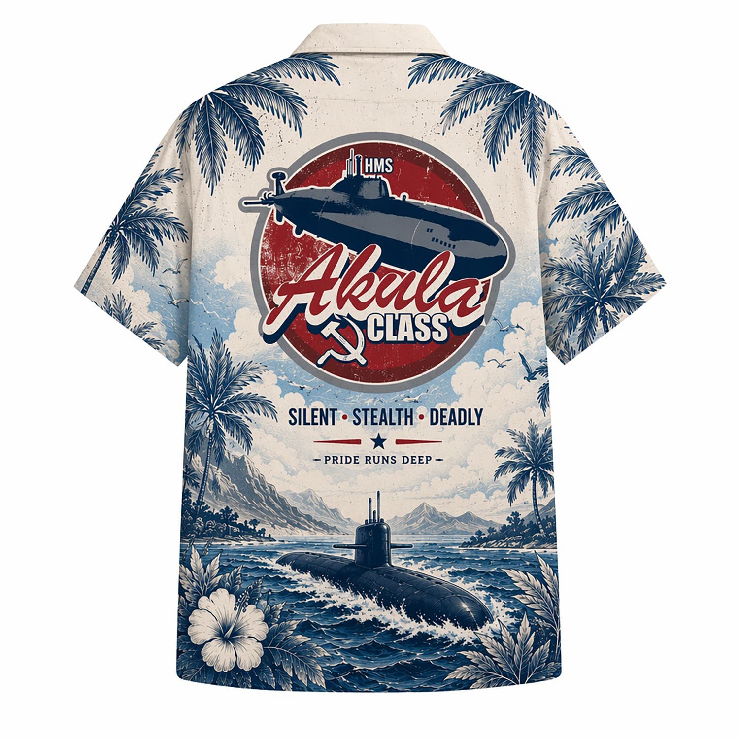 Back view mockup of the Akula Class Submarine Hawaiian shirt showcasing a red vintage circular badge with the submarine graphic, hammer and sickle icon, and text Silent Stealth Deadly