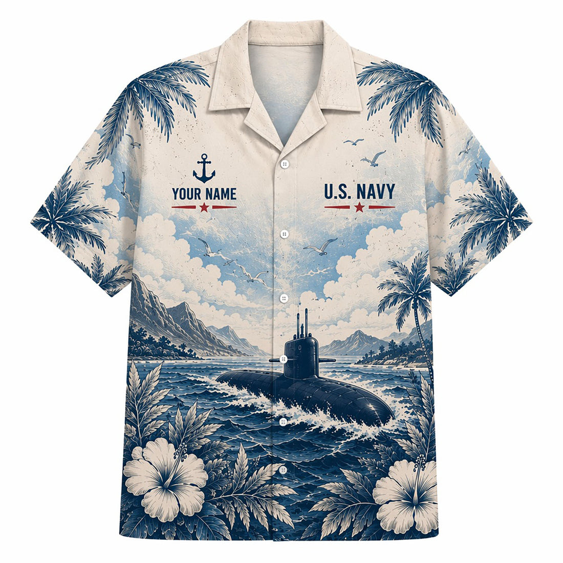 Front flat-lay view of the Personalized Akula Class Submarine US Navy Off-White Hawaiian Shirt featuring a submarine sailing through waves, white hibiscus flowers, and custom name text template