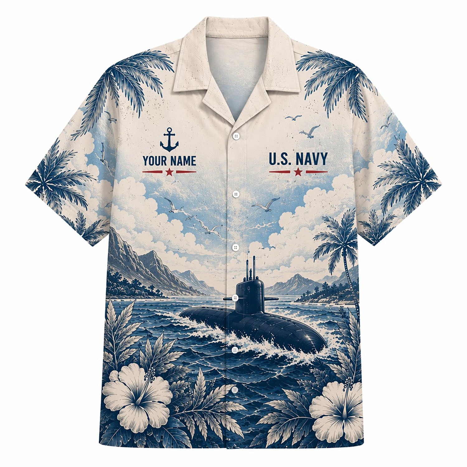 Front flat-lay view of the Personalized Akula Class Submarine US Navy Off-White Hawaiian Shirt featuring a submarine sailing through waves, white hibiscus flowers, and custom name text template