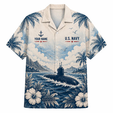 Front flat-lay view of the Personalized Akula Class Submarine US Navy Off-White Hawaiian Shirt featuring a submarine sailing through waves, white hibiscus flowers, and custom name text template