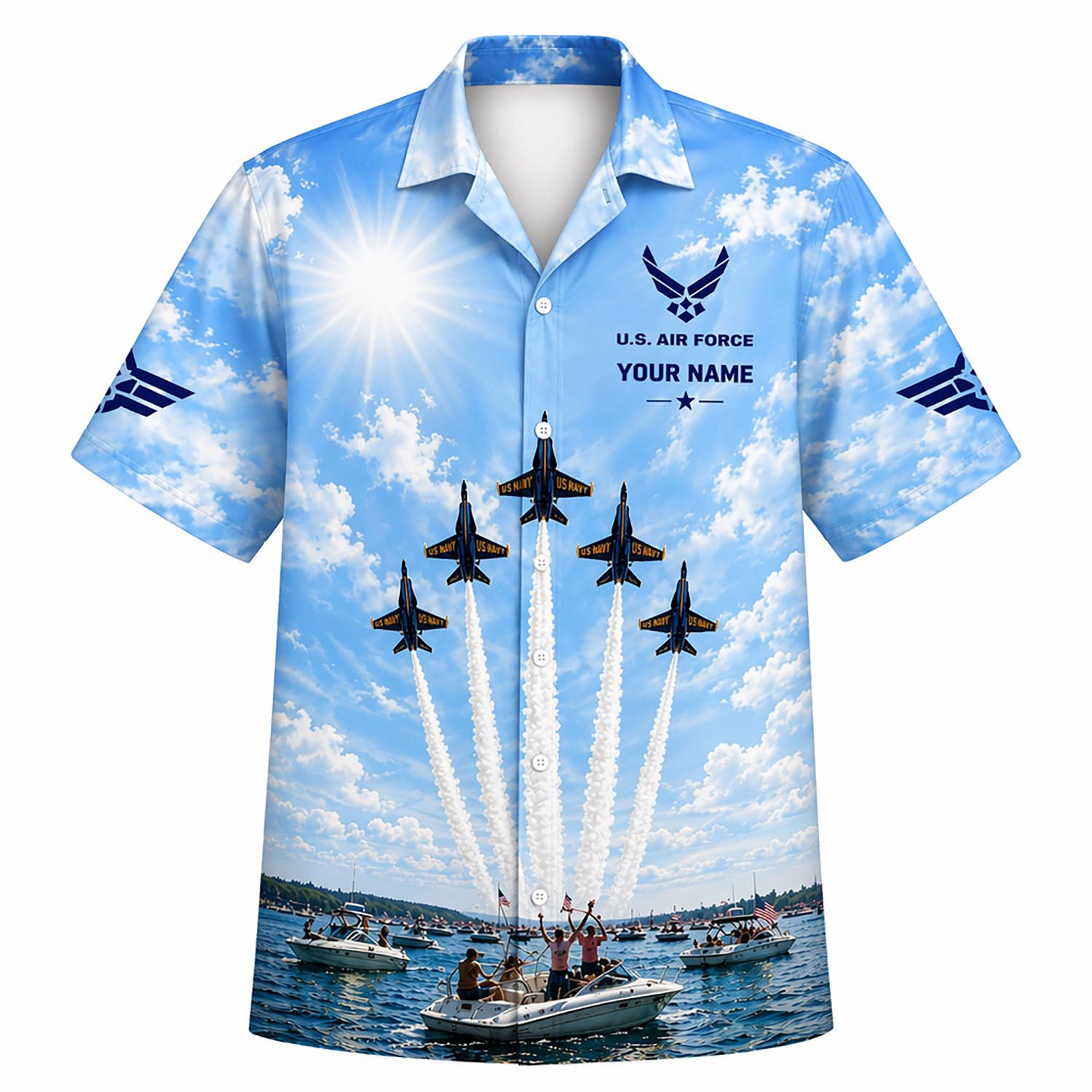 Front flat-lay view of the Personalized Blue Angels Air Show Veteran Hawaiian Shirt featuring the custom name block and supersonic smoke trails