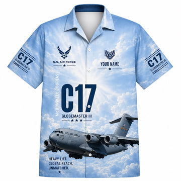 Front flat-lay view of the Personalized C-17 Globemaster III Jet Veteran Hawaiian Shirt with custom name and military cargo aircraft graphics