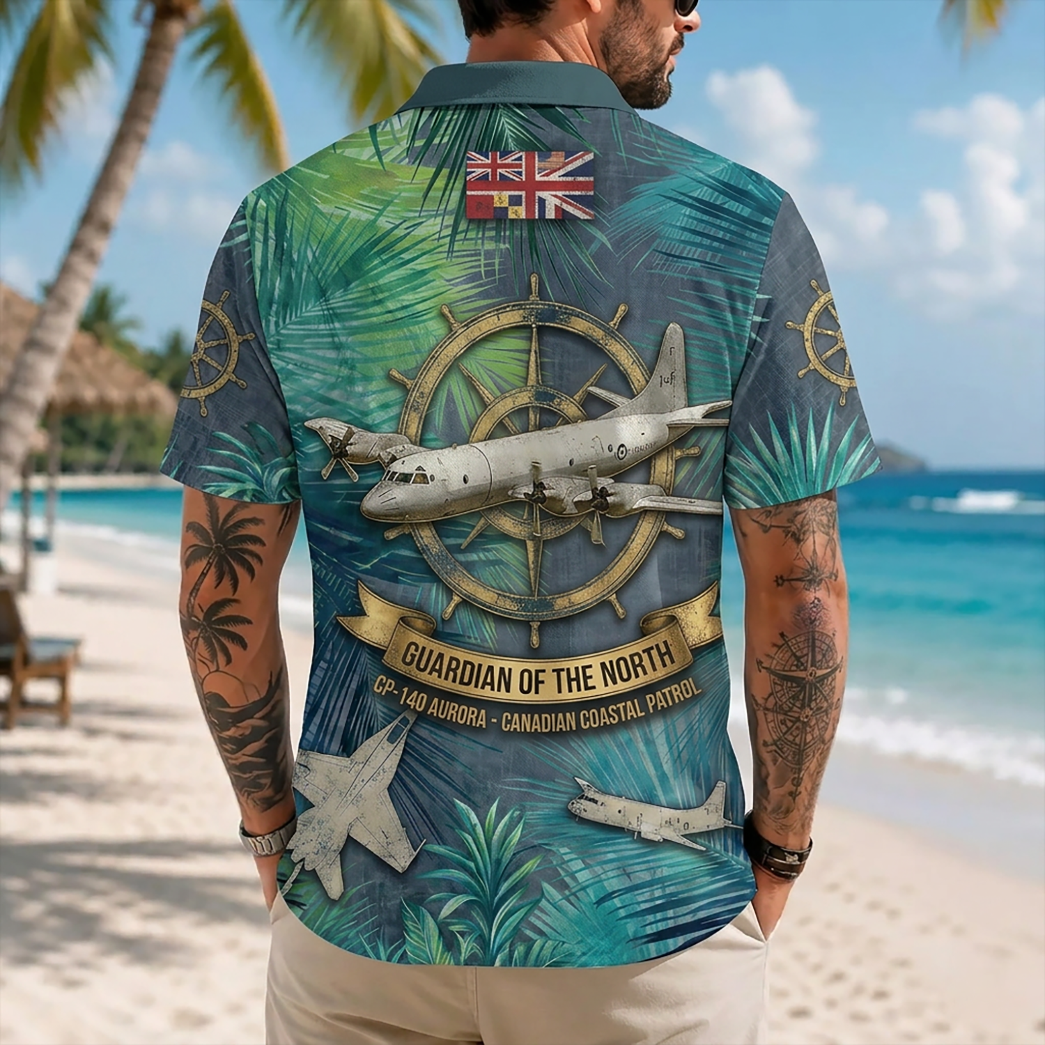 Mens Canadian Patrol Hawaiian Shirt Back View Featuring CP-140 Aurora Aircraft On Large Compass Wheel Background
