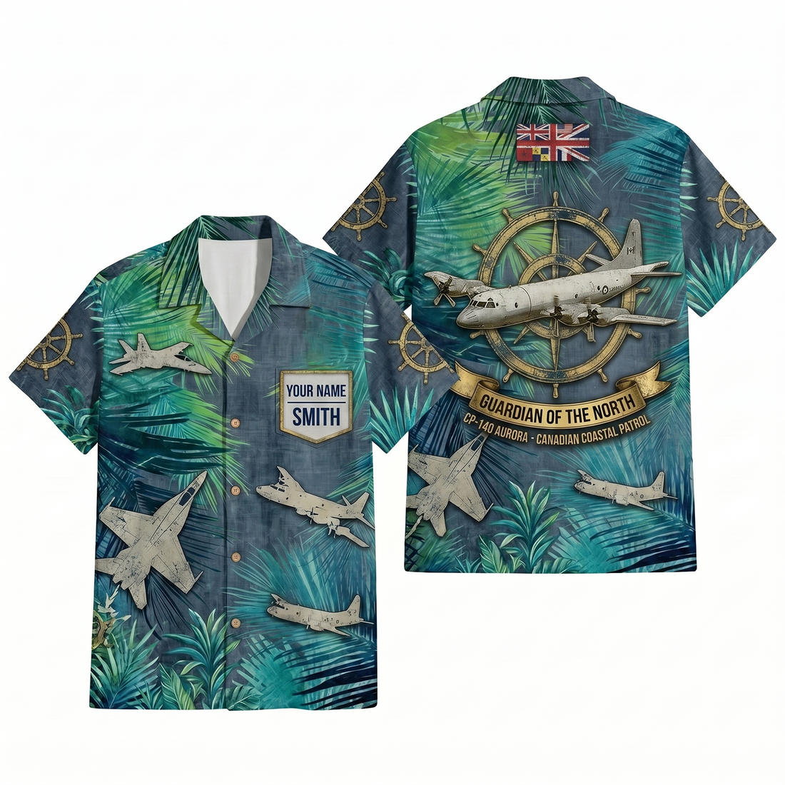 Mens Personalized CP-140 Aurora Canadian Coastal Patrol Hawaiian Shirt Guardian of the North Edition Flat Layout
