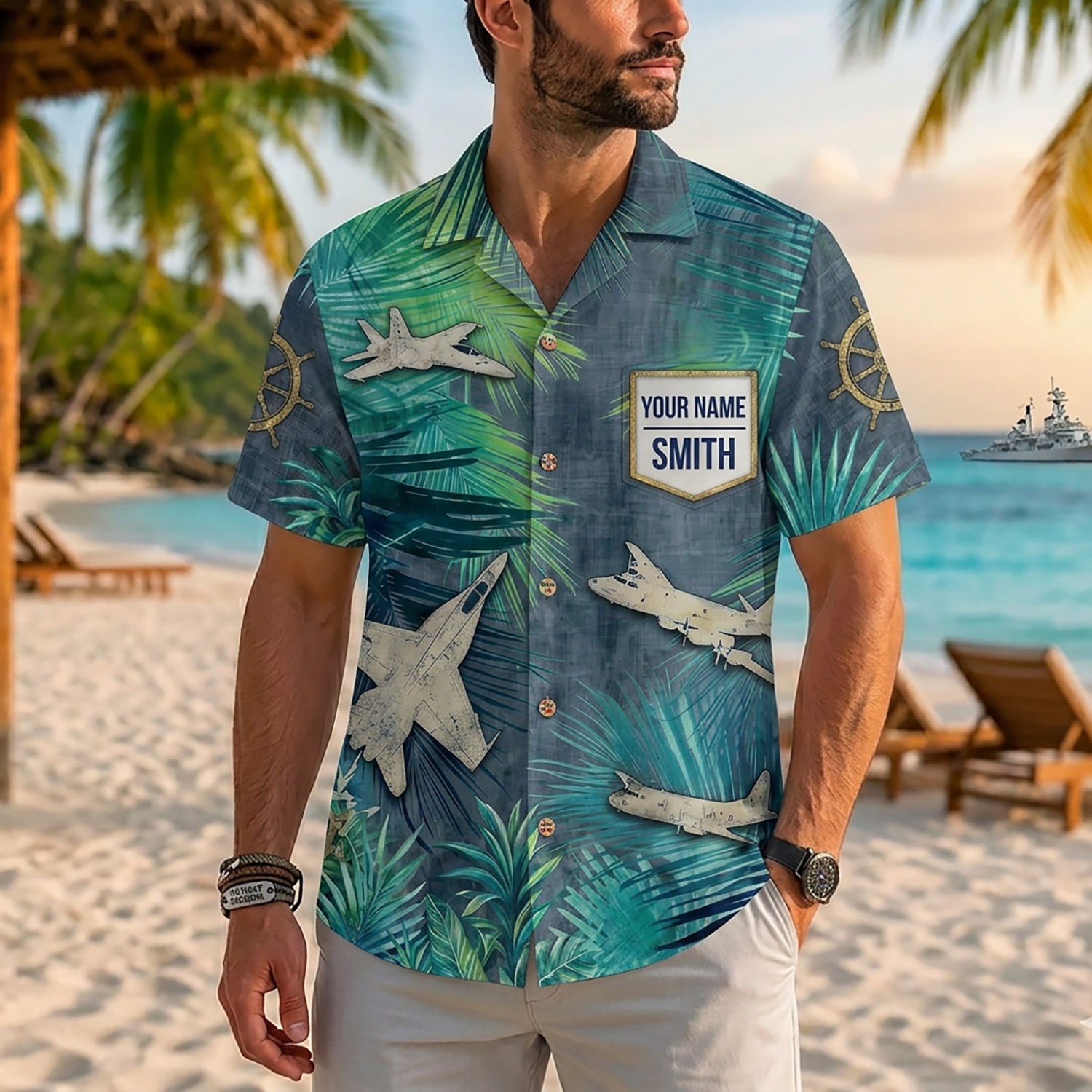 Mens Canadian Patrol Hawaiian Shirt Front View Showing Custom Name Badge Slot On Model
