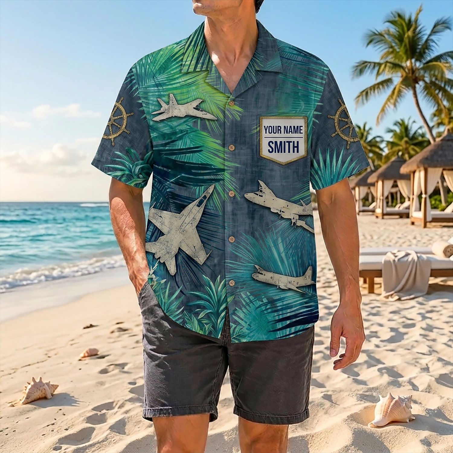 Proud Crew Member Wearing Matching CP-140 Aurora Canadian Coastal Patrol Hawaiian Shirt On A Tropical Beach