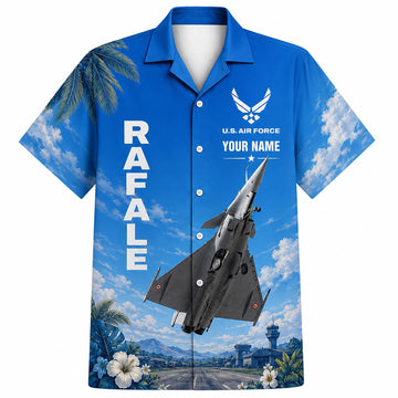 Front flat-lay view of the Personalized Dassault Rafale Fighter Jet Hawaiian Shirt in vibrant blue with custom name text box